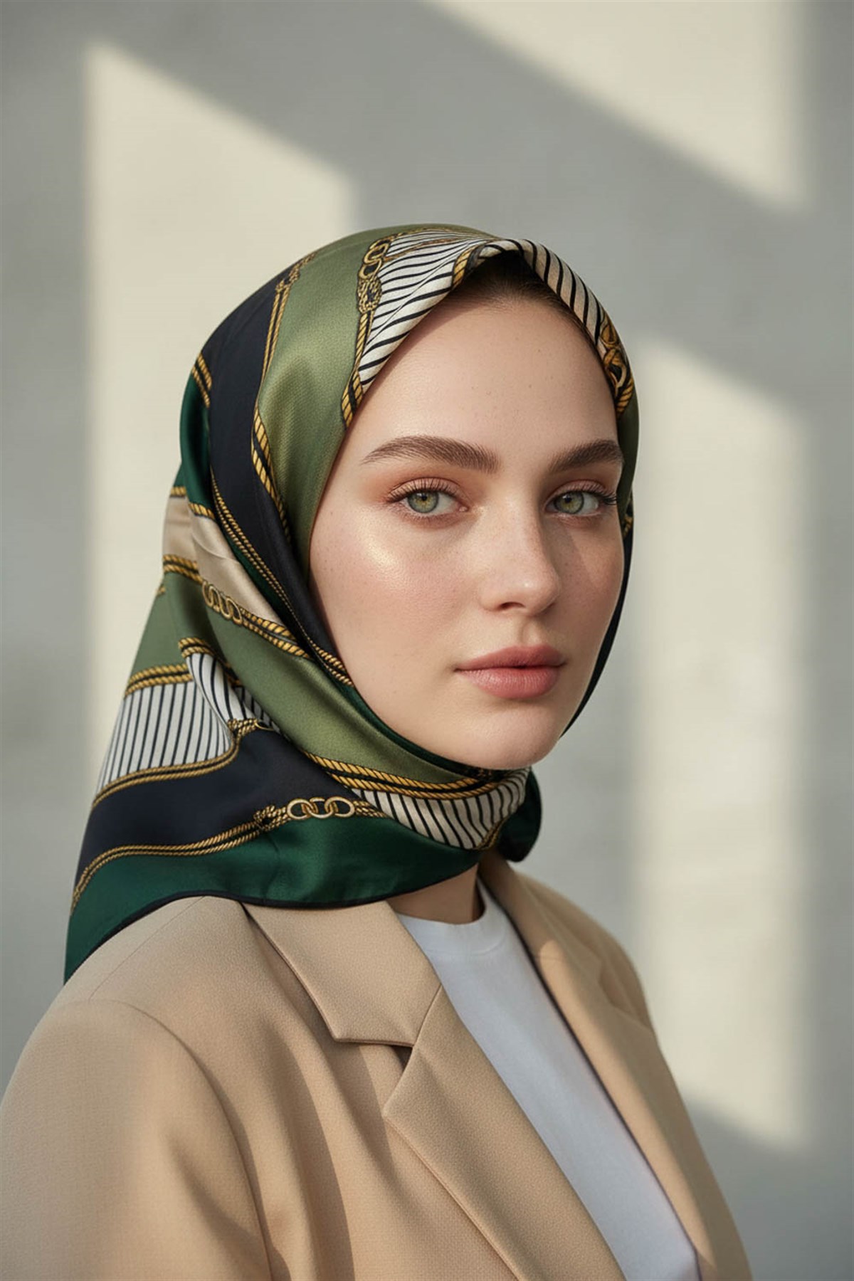% 57 İPEK % 43 VİSKON Twill İpek Zincir Detaylı Geometrik Desenli Zümrüt Yeşili - Siyah Renkli 90x90 Eşarp Dikim Şekli : El Dikişi