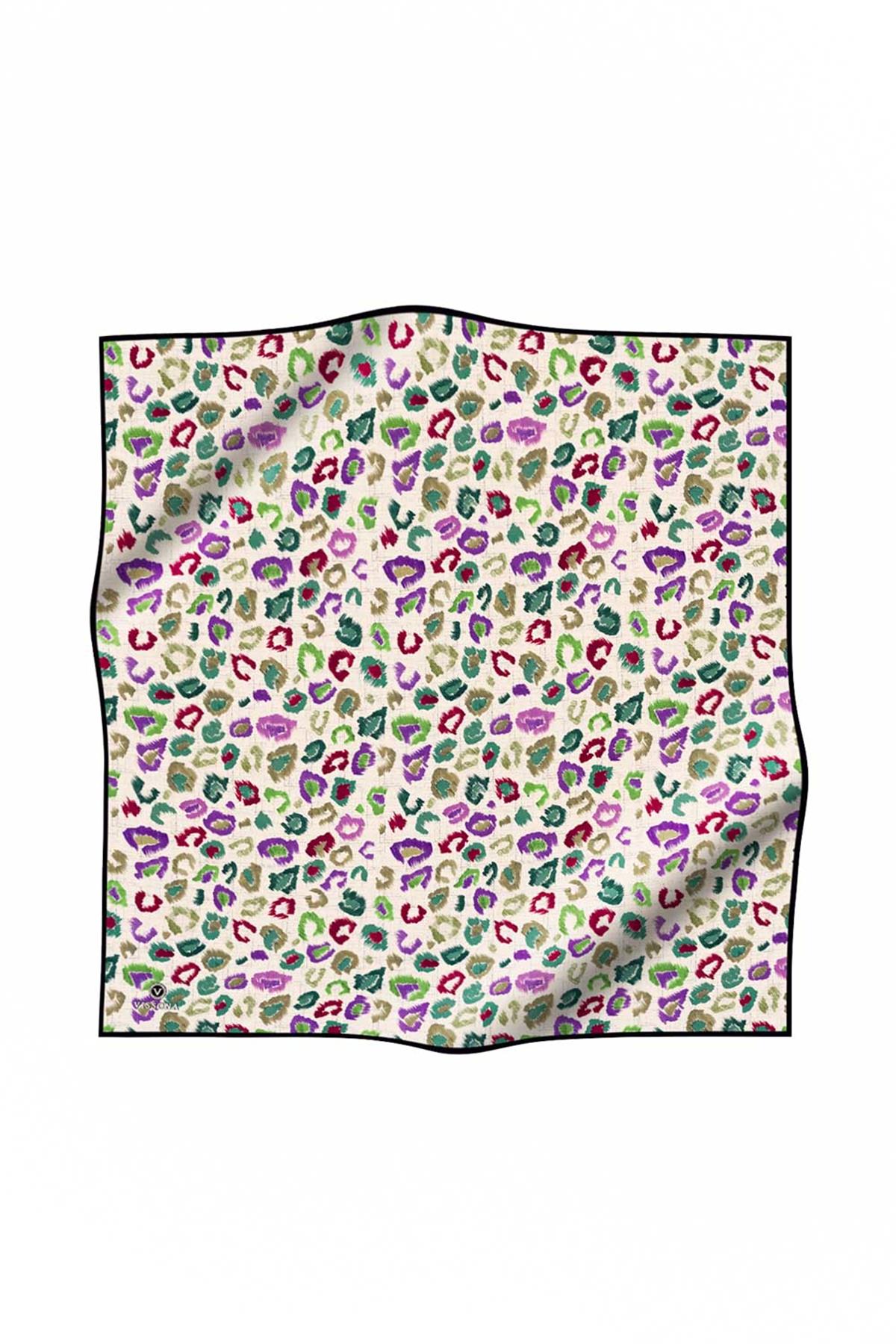 %100 Twill İpek Renkli Leopari Desenli Mor - Haki Yeşili Renkli 90x90 Eşarp Kenar Dikiş Şekli El Dikişli