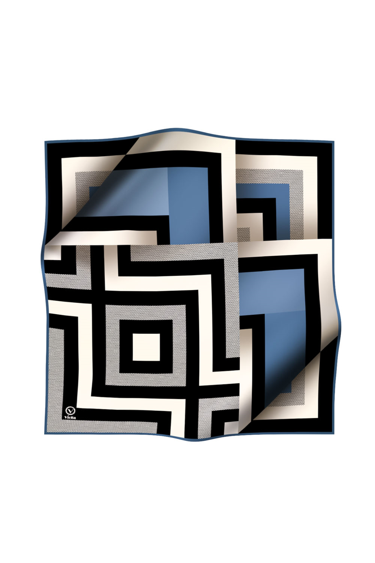 Twill Geometrik Desenli İndigo Renkli 90x90 Eşarp (İpek İçermez) Dikim Şekli : El Dikişi