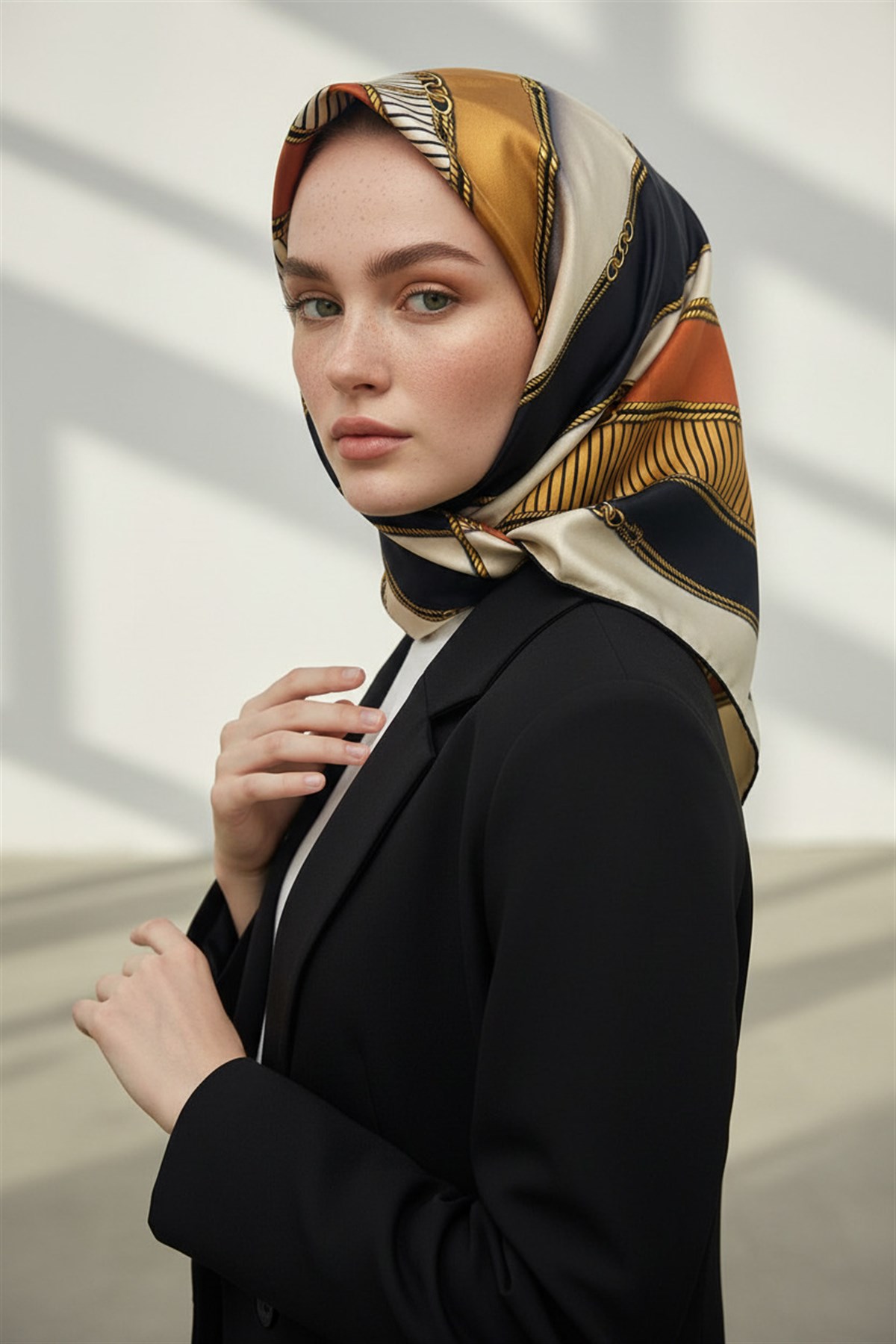 %100 Twill İpek Zincir Detaylı Geometrik Desenli Taba - Vizon Renkli 90x90 Eşarp Dikim Şekli : El Dikişi