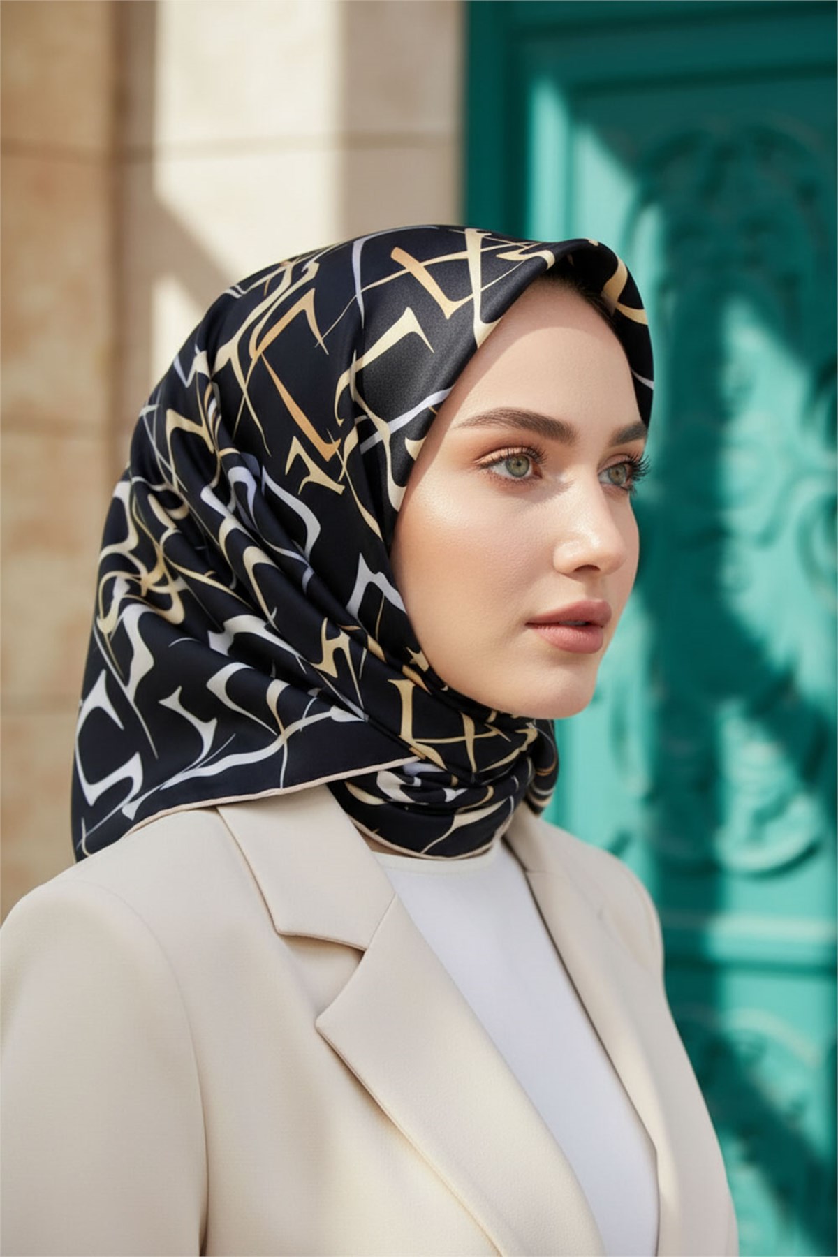 %100 Twill İpek Soyut Geometrik Desenli Gold - Gri Renkli 90x90 Eşarp Dikim Şekli : El Dikişi