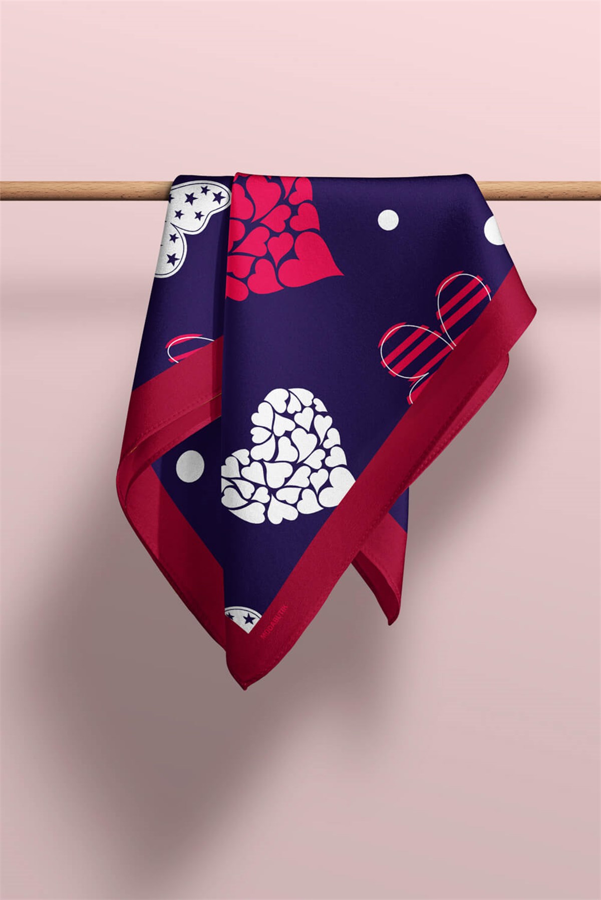 Violla Y16 Kadın Kalp Ve Kelebek Desenli Bandana 50x50 Kırmızı Beyaz Mavi DG0471-22