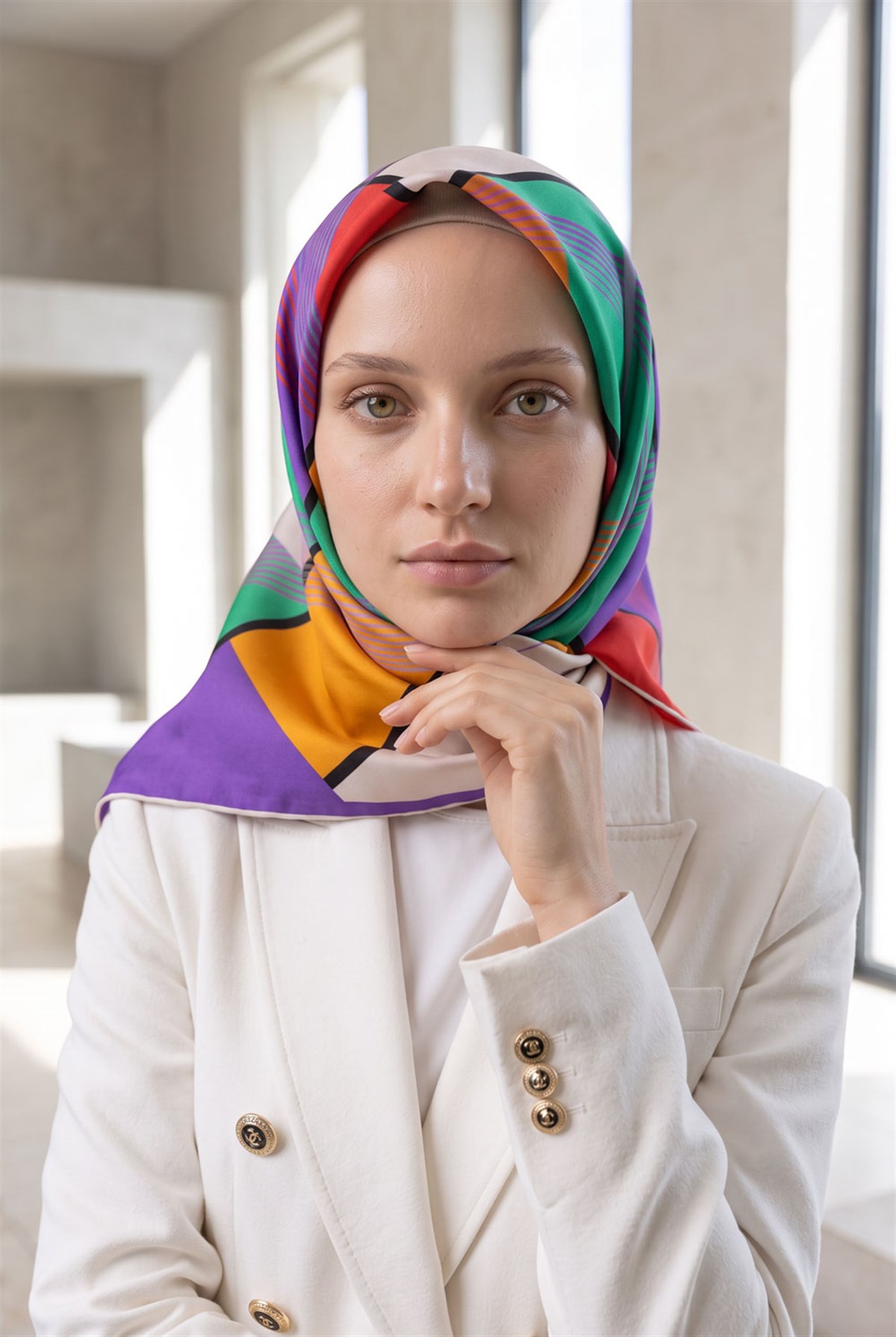 %100 Twill İpek Geometrik Desenli Mor - Kırmızı Renkli 90x90 Eşarp Dikim Şekli : El Dikişi