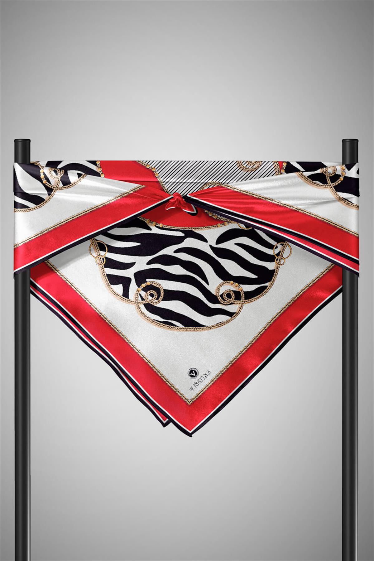 %100 Twill İpek Zincirli Ve Zebra Desenli Kırmızı - Siyah Renkli 90x90 Eşarp Dikim Şekli : El Dikişi