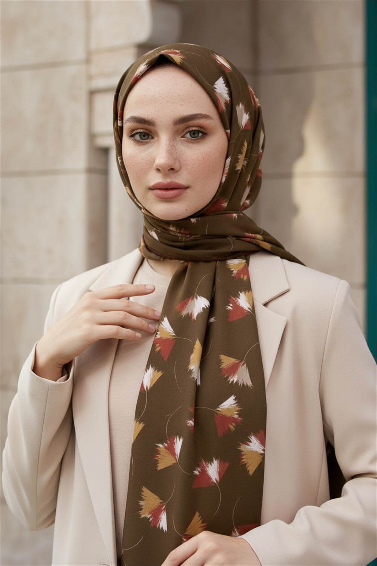 KREP YAPRAK DESENLİ KAHVERENGİ-1 RENKLİ 75X195 KIRIŞMAZ ŞAL