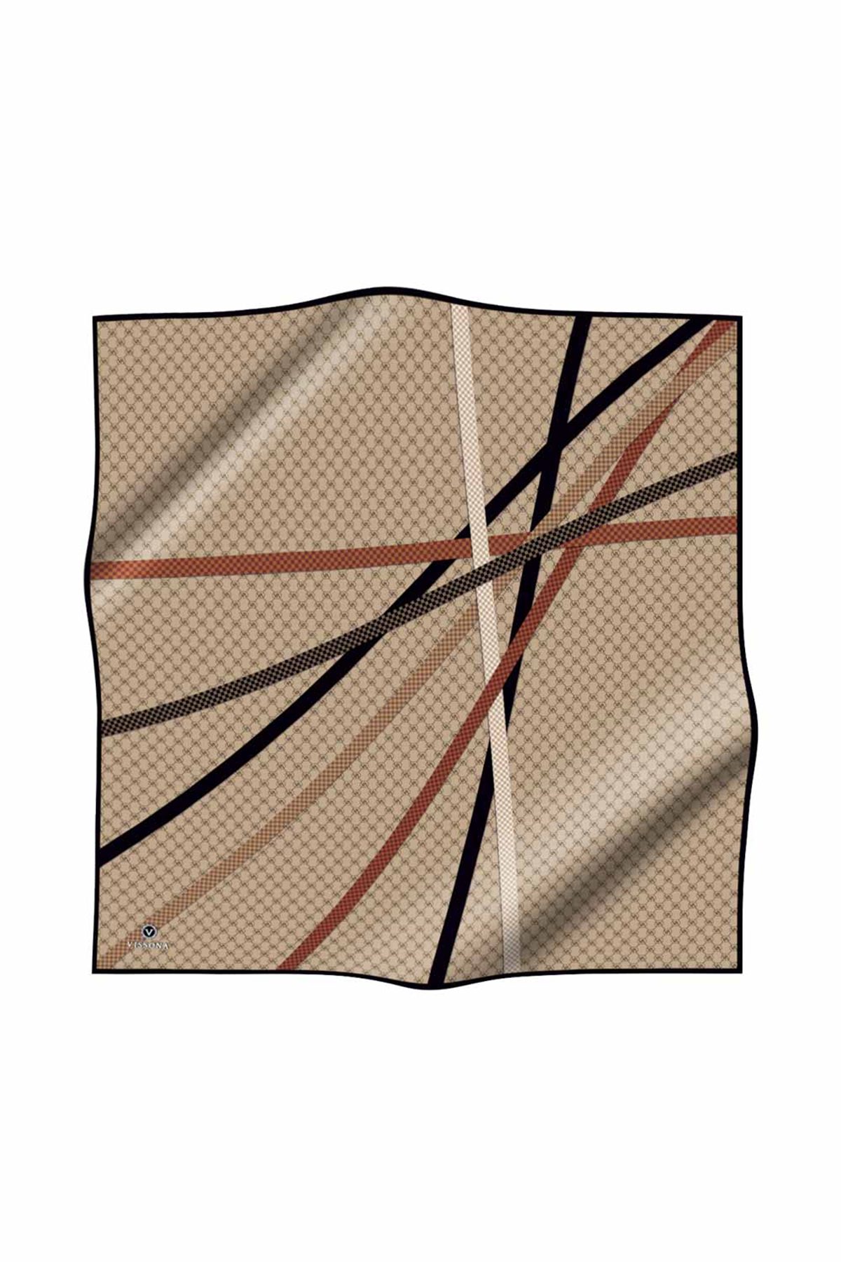 %57 İPEK %43 VİSKON Twill İpek Monogram Ve Şerit Desenli Bej - Siyah Renkli 90x90 Eşarp Dikim Şekli : El Dikişi