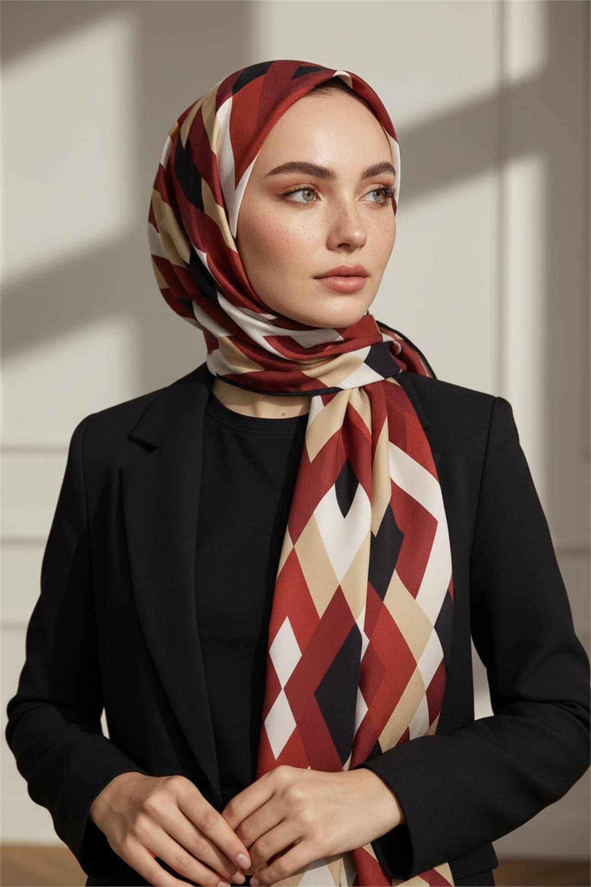 KREP GEOMETRİK DESENLİ BORDO - SİYAH RENKLİ 75X195 KIRIŞMAZ ŞAL