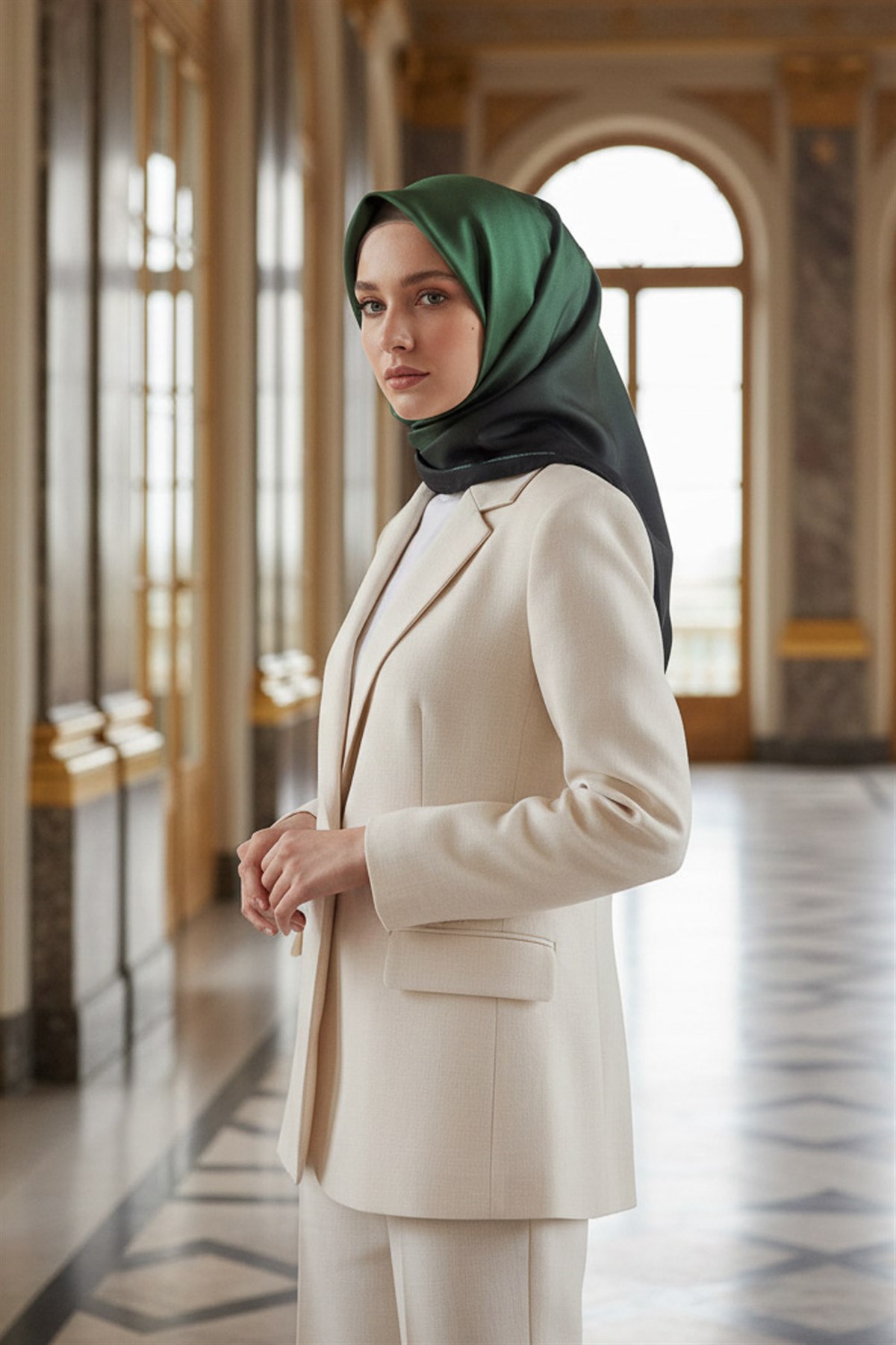 % 57 İPEK % 43 VİSKON Twill İpek Degrade Desenli Zümrüt Yeşili Renkli 90x90 Eşarp Dikim Şekli : El Dikişi