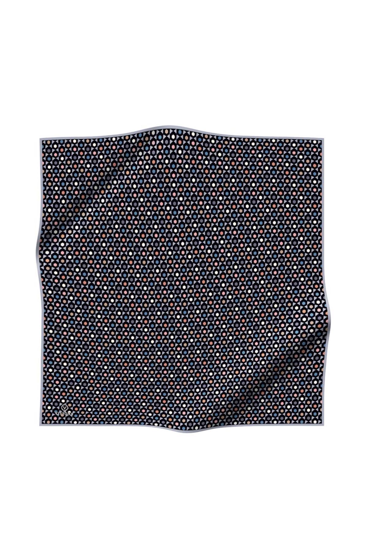 %100 Twill İpek Nokta Desenli Siyah - Gri Renkli 90x90 Eşarp Dikim Şekli : El Dikişi