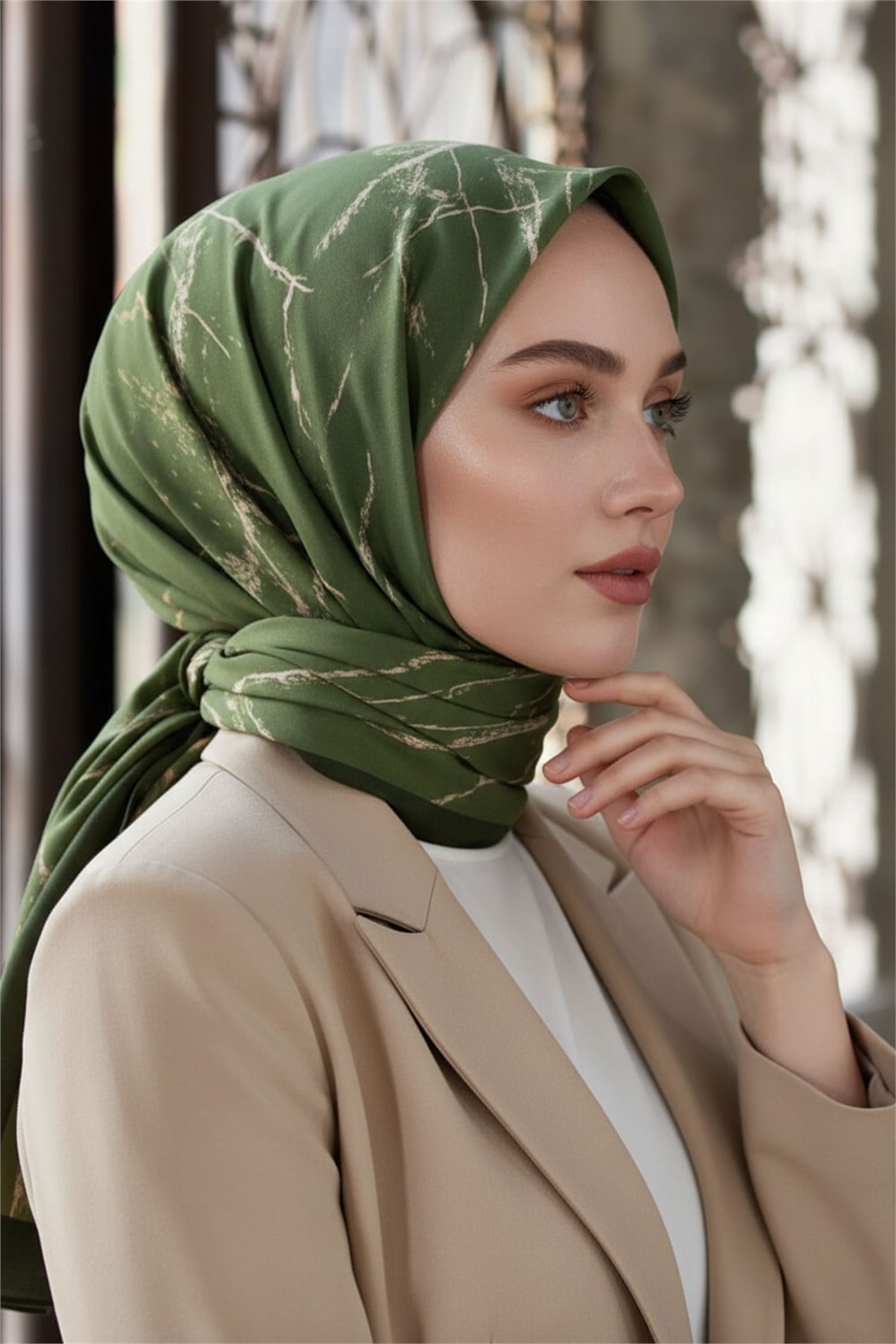 KREP MERMER DESENLİ HAKİ YEŞİLİ RENKLİ 75X195 KIRIŞMAZ ŞAL