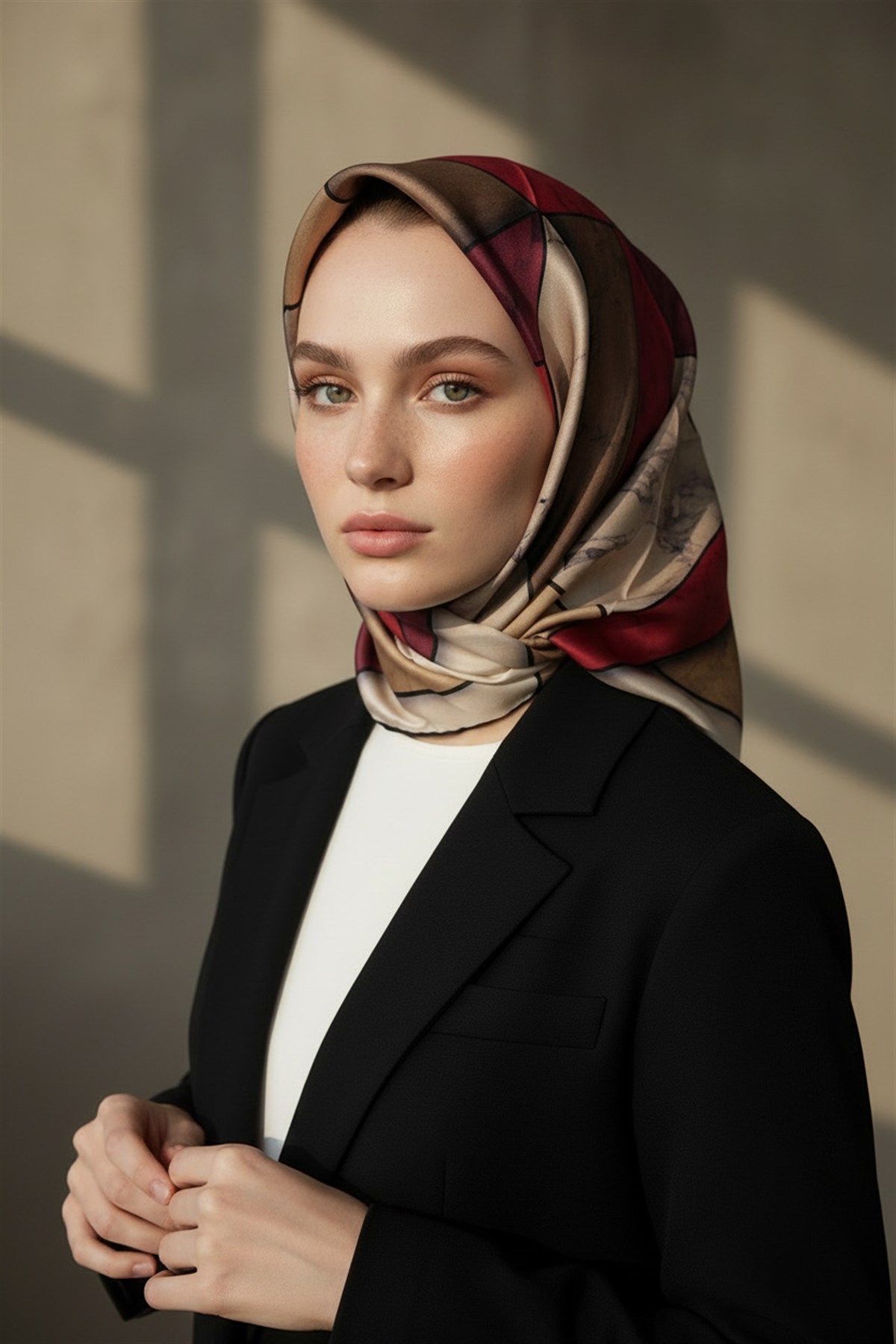 %100 Twill İpek Mermer Desenli Bordo - Bej Renkli 90x90 Eşarp Dikim Şekli : El Dikişi