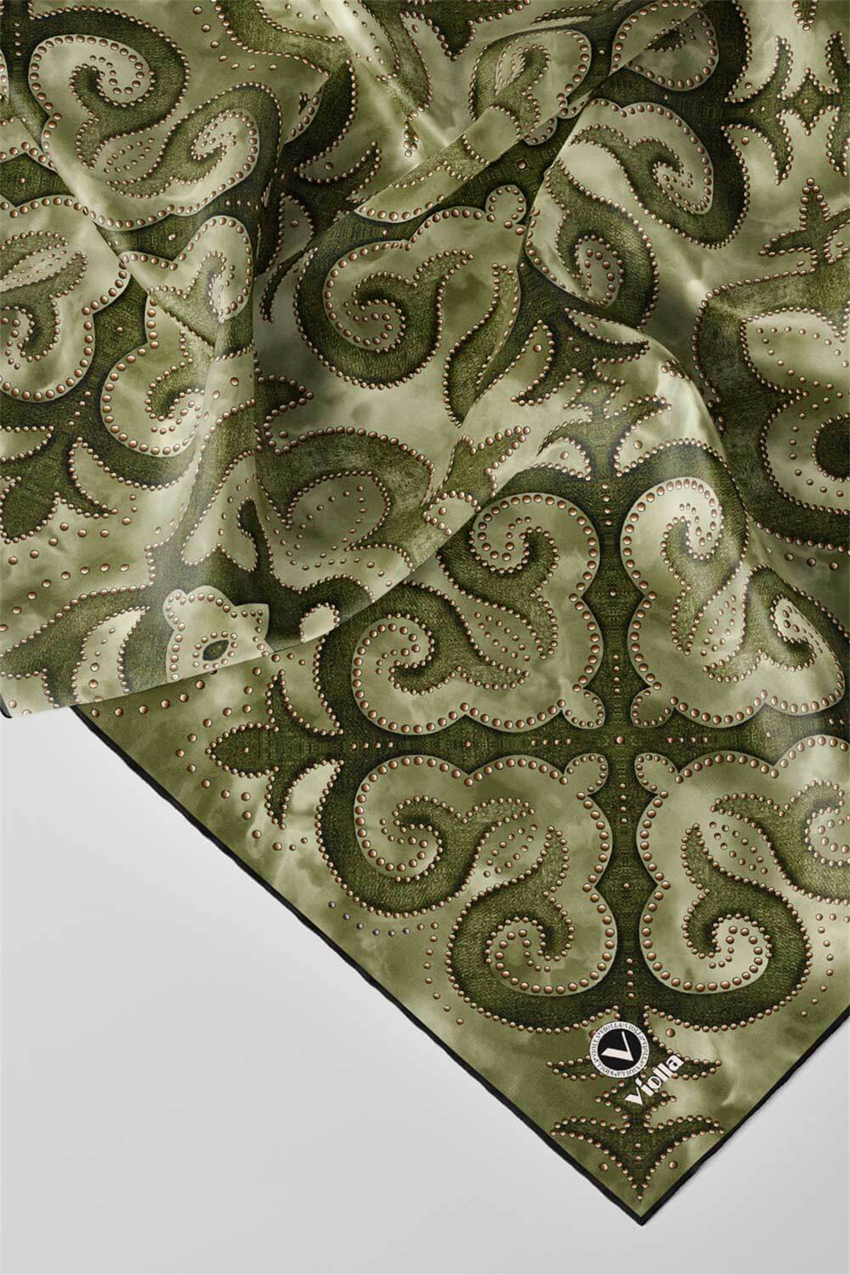 Twill Barok Desenli Haki Renkli 90x90 Eşarp (İpek İçermez) Kenar Dikiş Şekli El Dikişli