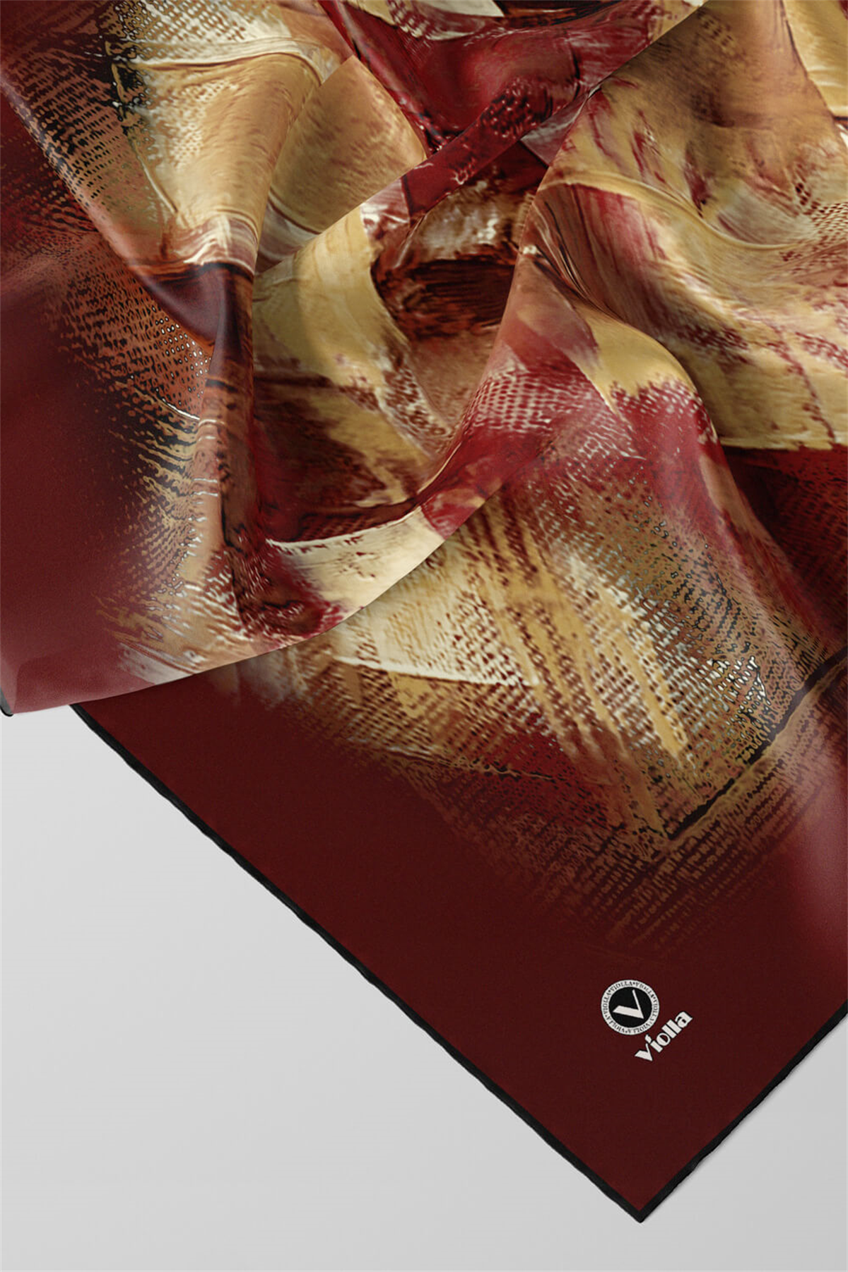 Twill Fırça Efektli Desenli Bordo Renkli 90x90 Eşarp (İpek İçermez) Kenar Dikiş Şekli El Dikişli