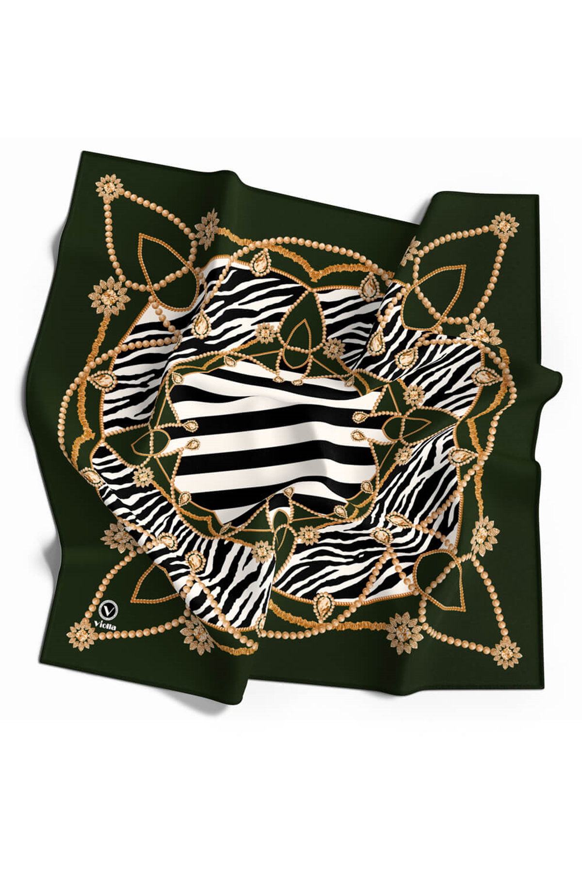 Twill Gold Detaylı Zebra Desenli Zümrüt Yeşili Renkli 90x90 Eşarp (İpek İçermez) Kenar Dikiş Şekli El Dikişli