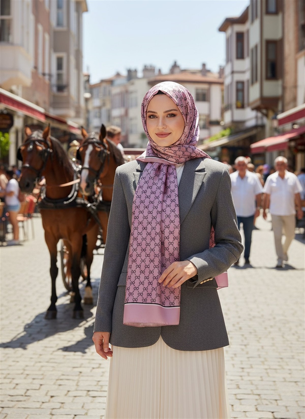 %100 İpek Minik Motif Desenli Gül Kurusu Renkli 92x210 Şal