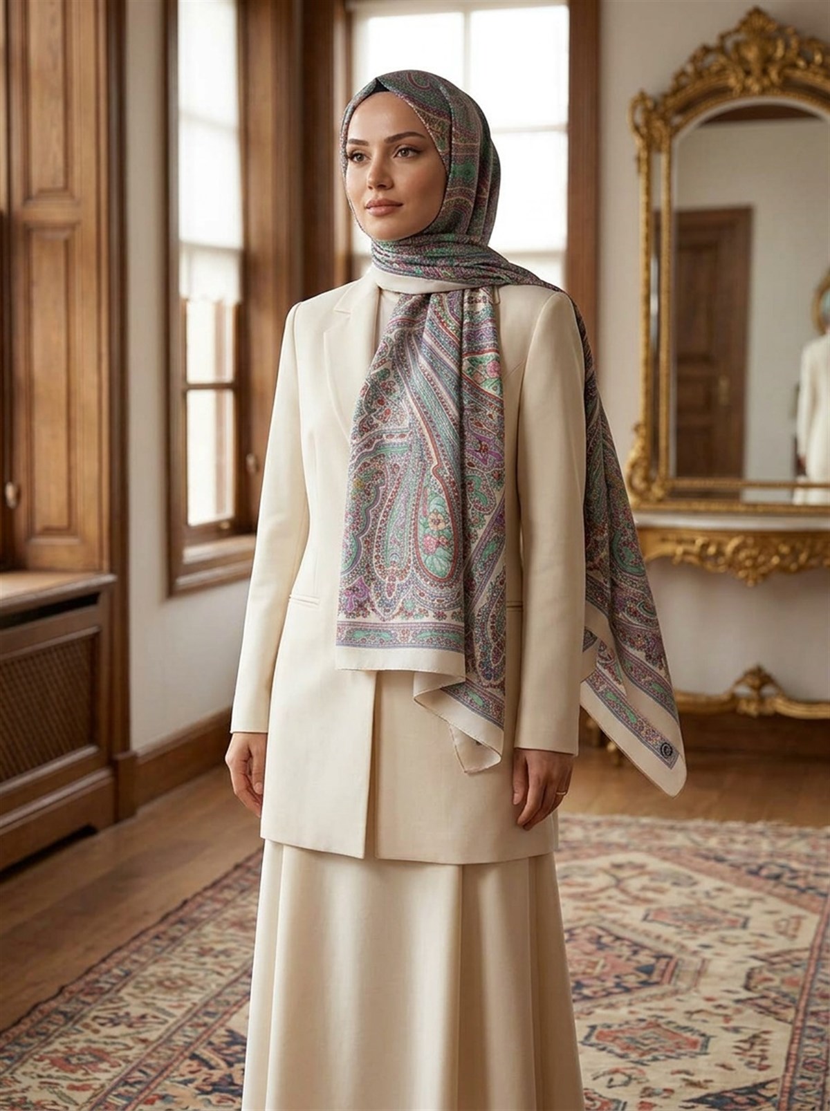 %100 İpek Etro Desenli Bej - Lila Renkli 92x210 Şal