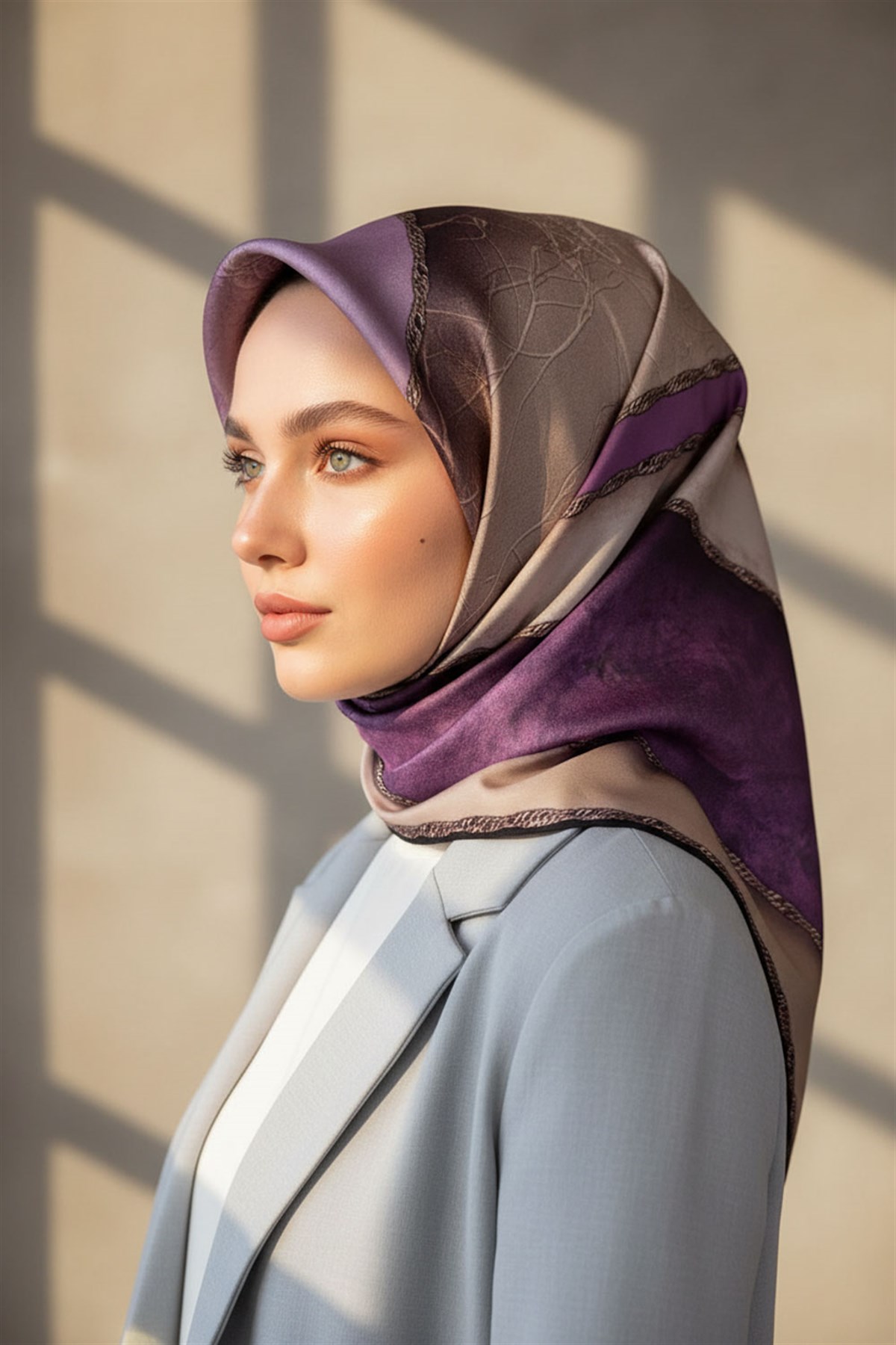 % 57 İPEK % 43 VİSKON Twill İpek Dokulu Geometrik Desenli Lila - Bej Renkli 90x90 Eşarp Dikim Şekli : El Dikişi