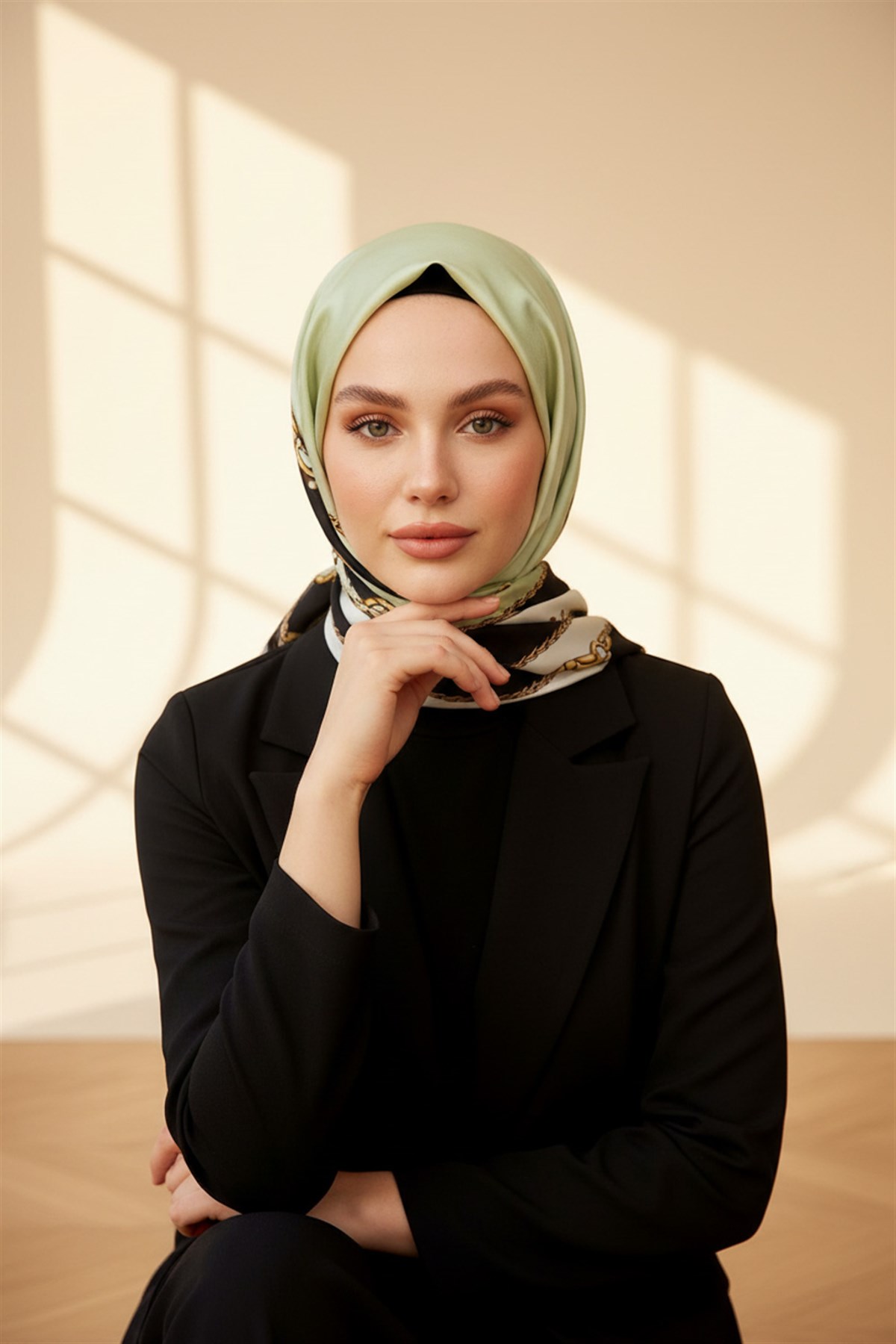 %100 Saf İpek Şal İnce Saten Vual Dokuma Geometrik Desenli Siyah - Fıstık Yeşili Renkli 90x210 Şal