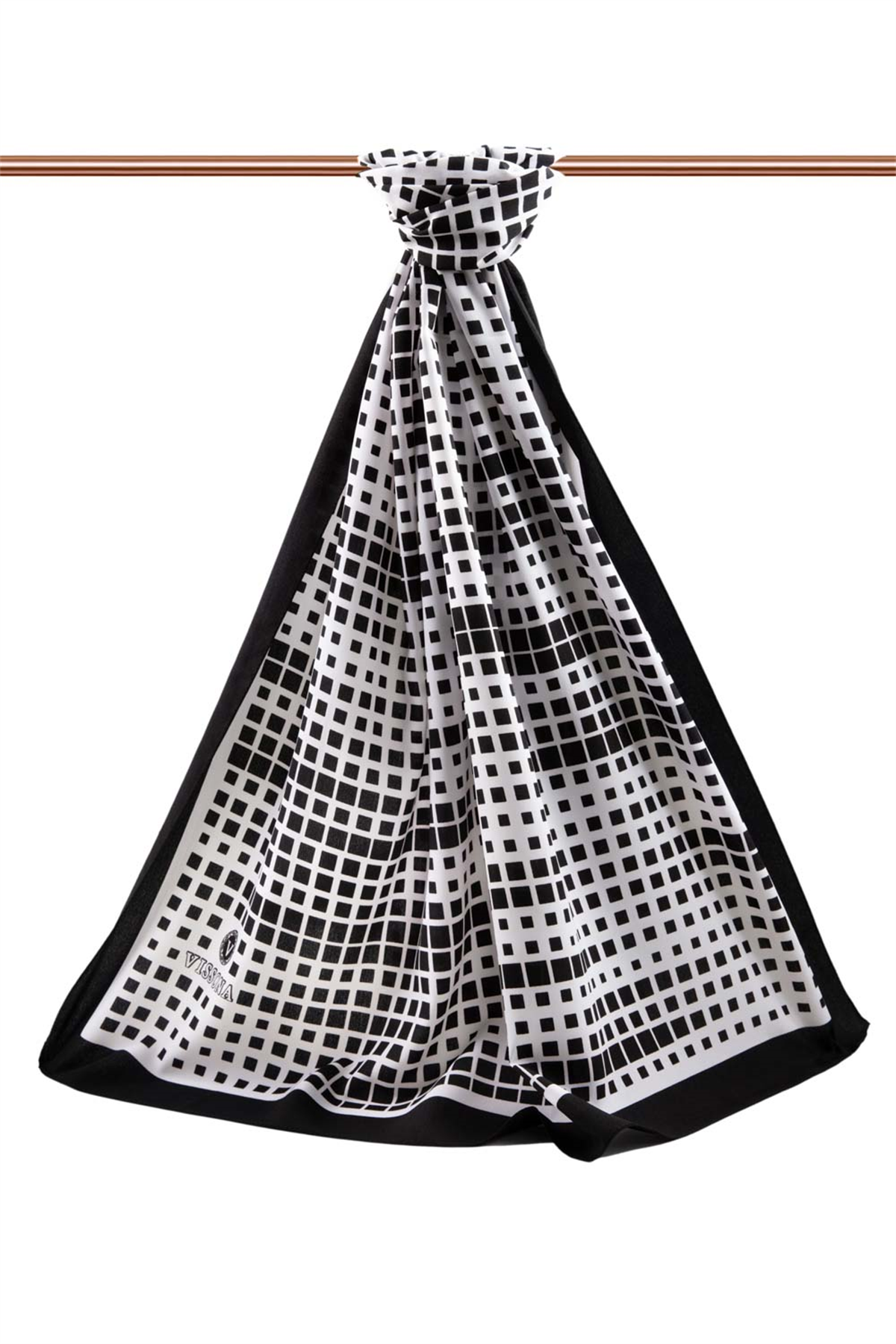 LÜKS MEDİNE İPEĞİ GEOMETRİK DESENLİ SİYAH - BEYAZ RENKLİ 75X195 KIRIŞMAZ ŞAL MOSS KREP DİKİŞ TİPİ İTALYAN DİKİŞLİ