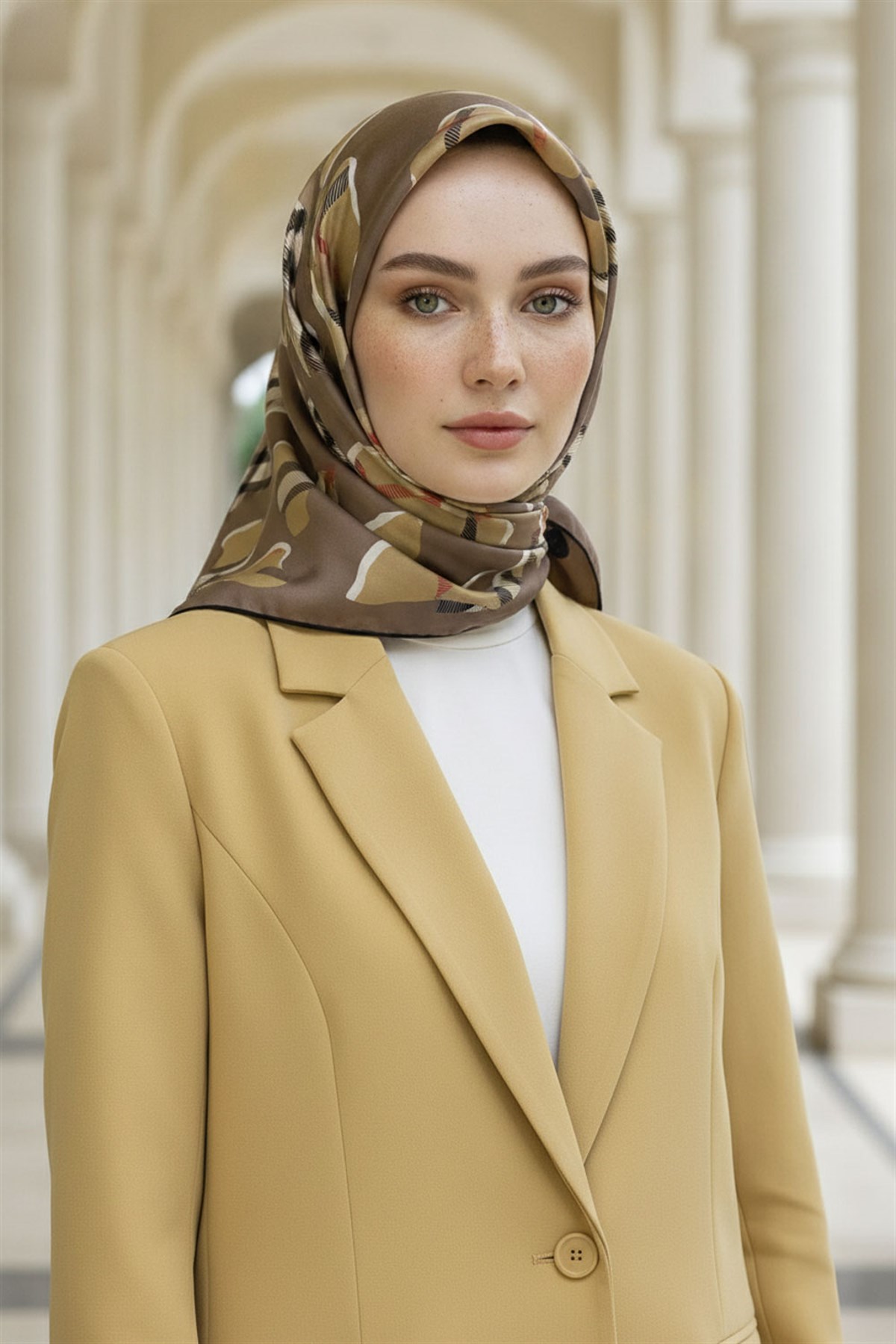 %100 Twill İpek Leopar Desenli Bej - Bej Renkli 90x90 Eşarp Dikim Şekli : El Dikişi