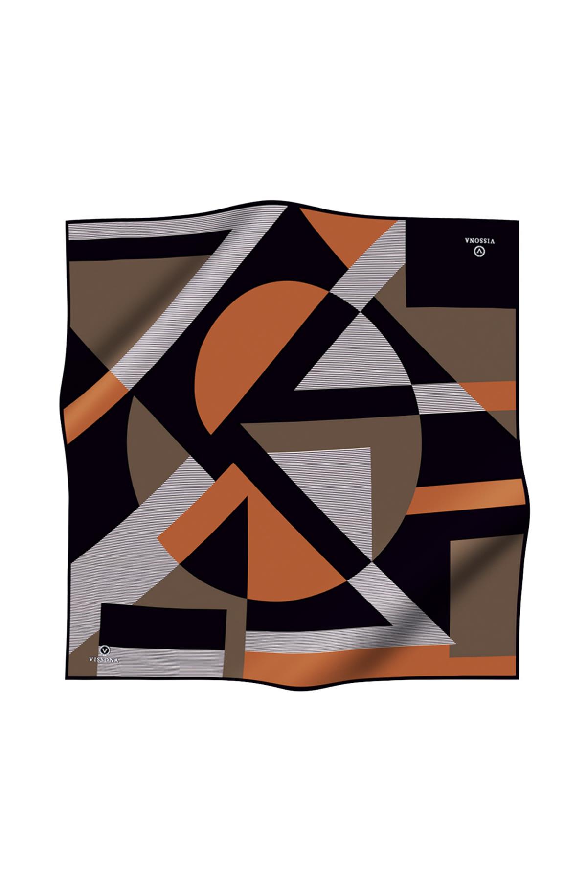 %100 Twill İpek Geometrik Çizgi Desenli Siyah - Taba Renkli 90x90 Eşarp Kenar Dikiş Şekli El Dikişli