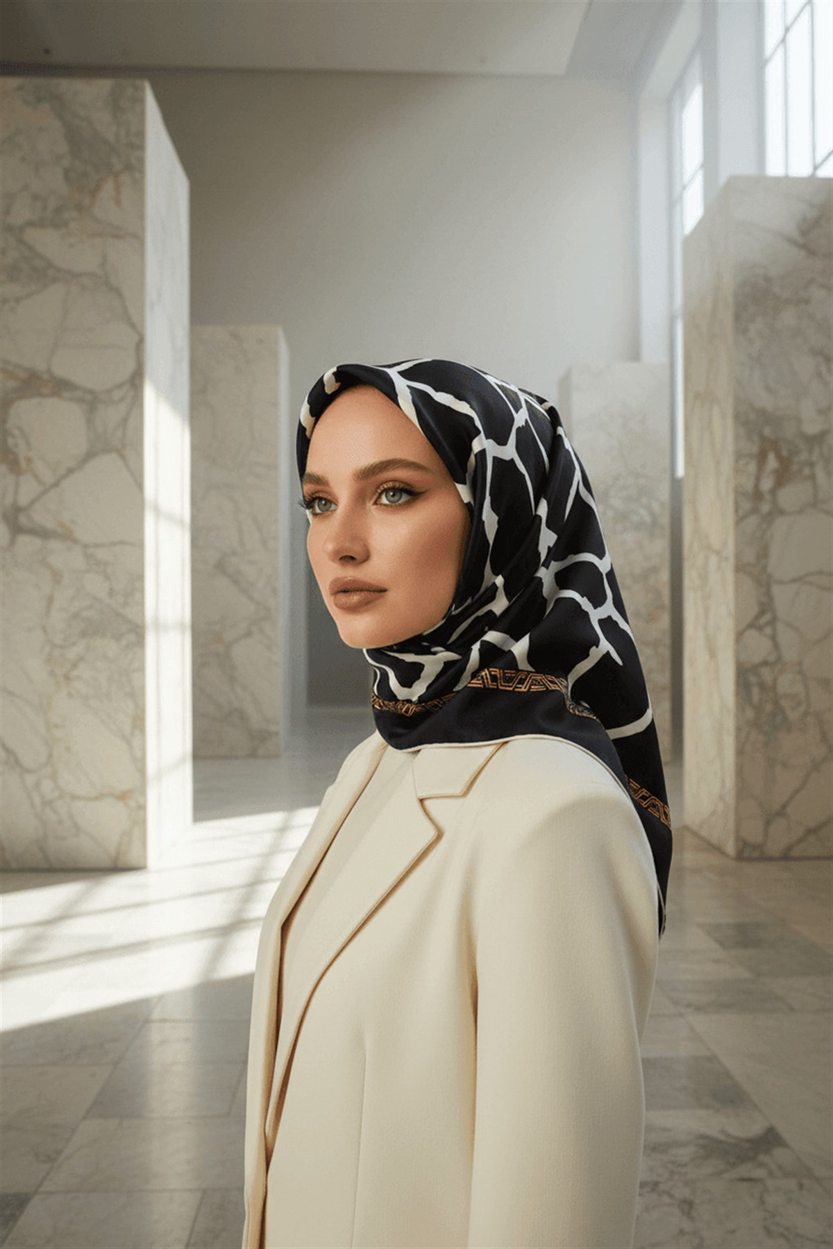 %100 Twill Taş Desenli Siyah - Krem Renkli 90x90 Eşarp Dikim Şekli: El Dikişi