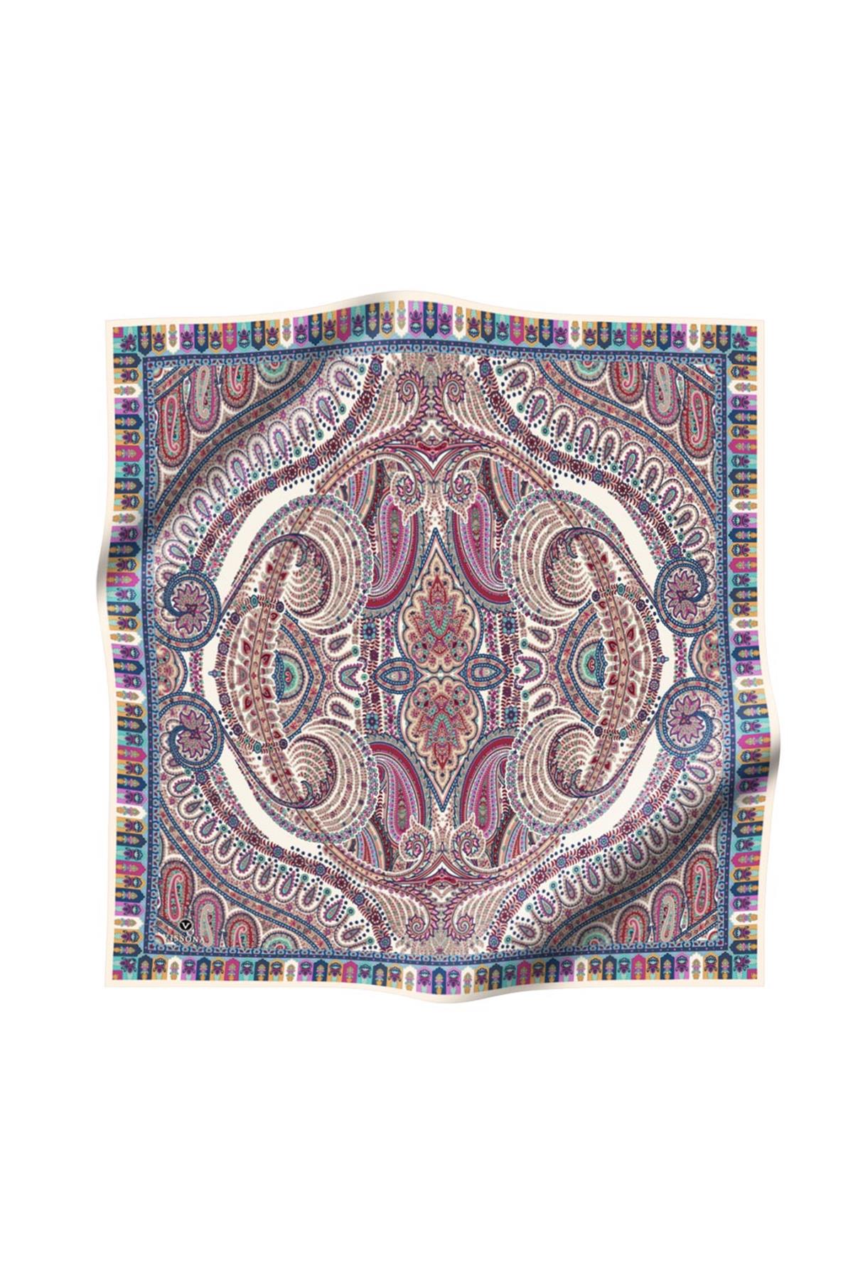 %100 Twill İpek Etro Desenli Krem Renkli 90x90 Eşarp Dikim Şekli : El Dikişi