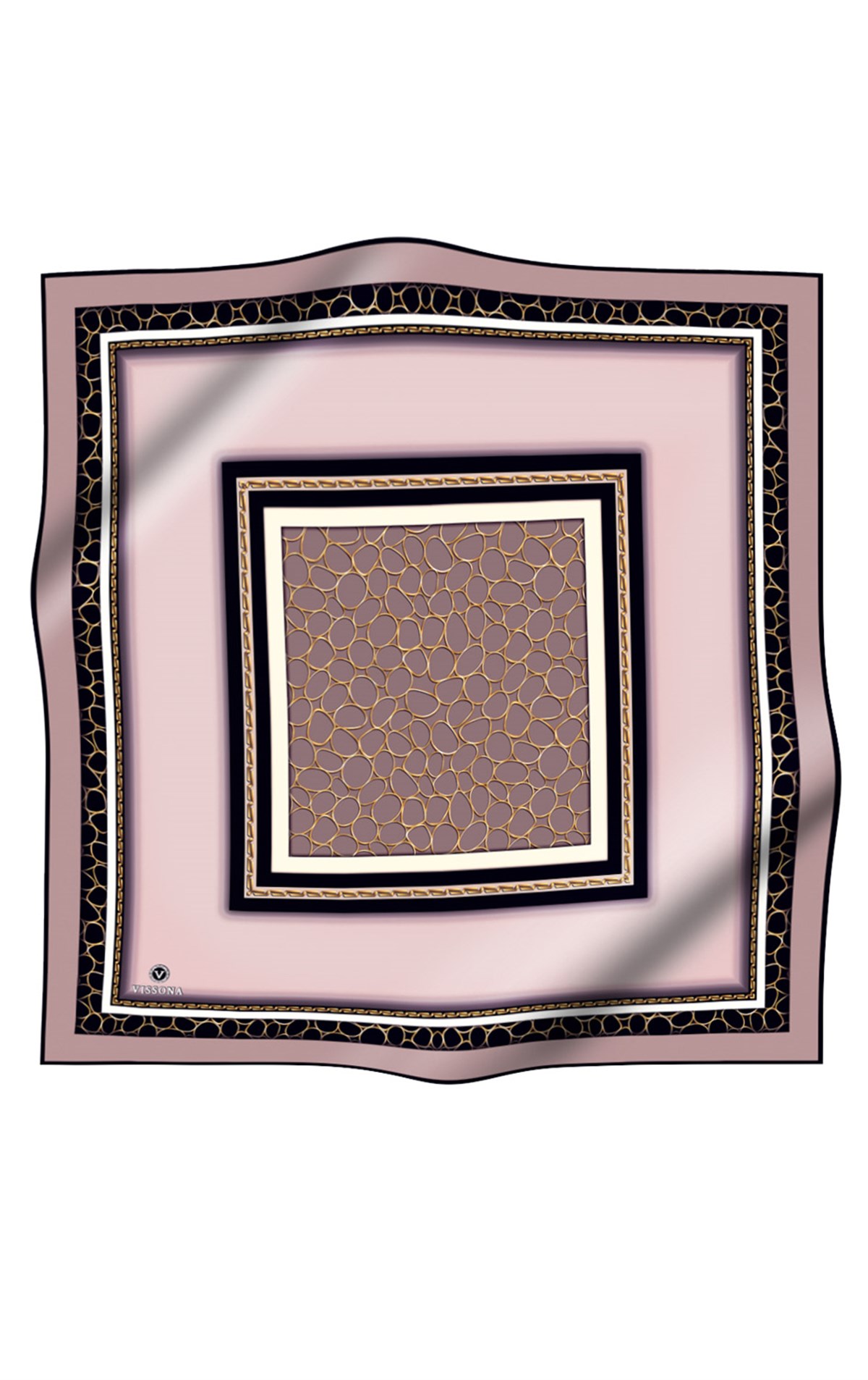 %100 Twill İpek Gold Halka Desenli Pudra - Siyah Renkli 90x90 Eşarp Dikim Şekli : El Dikişi