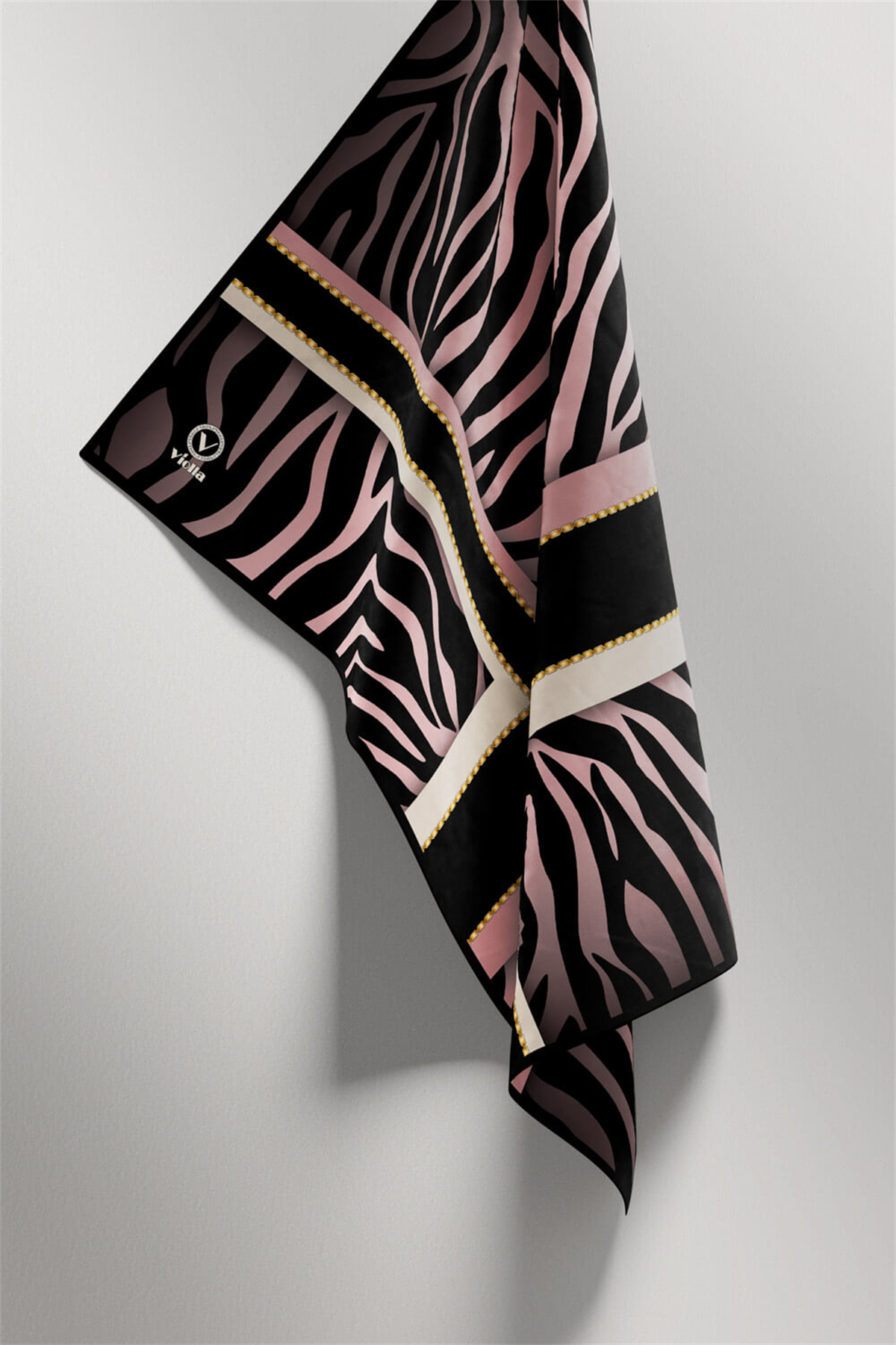 Twill Zebra Desenli Siyah - Pudra Renkli 90x90 Eşarp (İpek İçermez) Dikim Şekli : El Dikişi