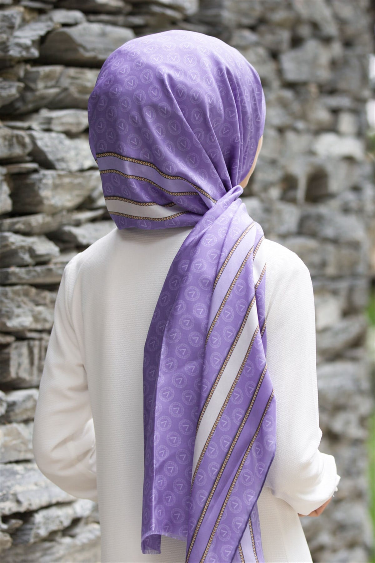 %100 İpek Monogram Desenli Lila - Krem Renkli 92x210 Şal