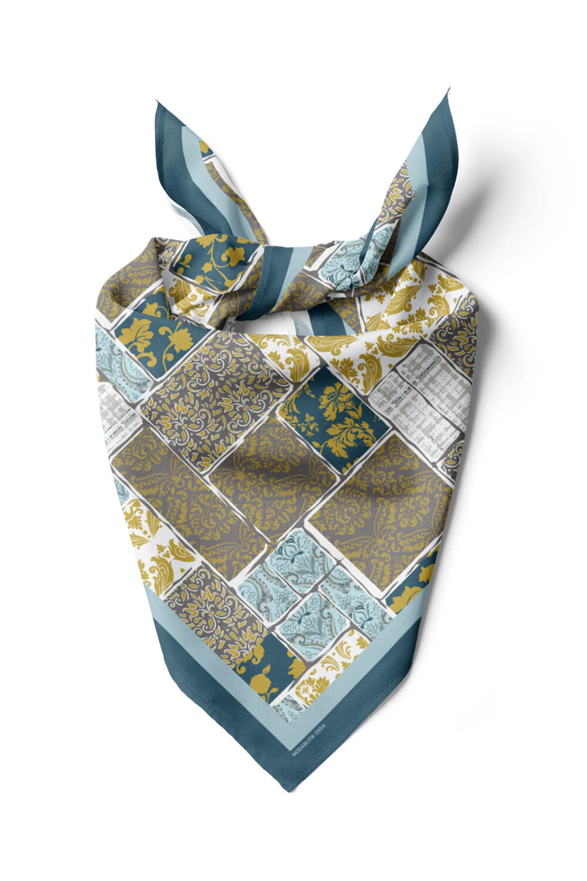 D55 Kadın Hardal Açık Mavi Field Desenli 50x50 Bandana