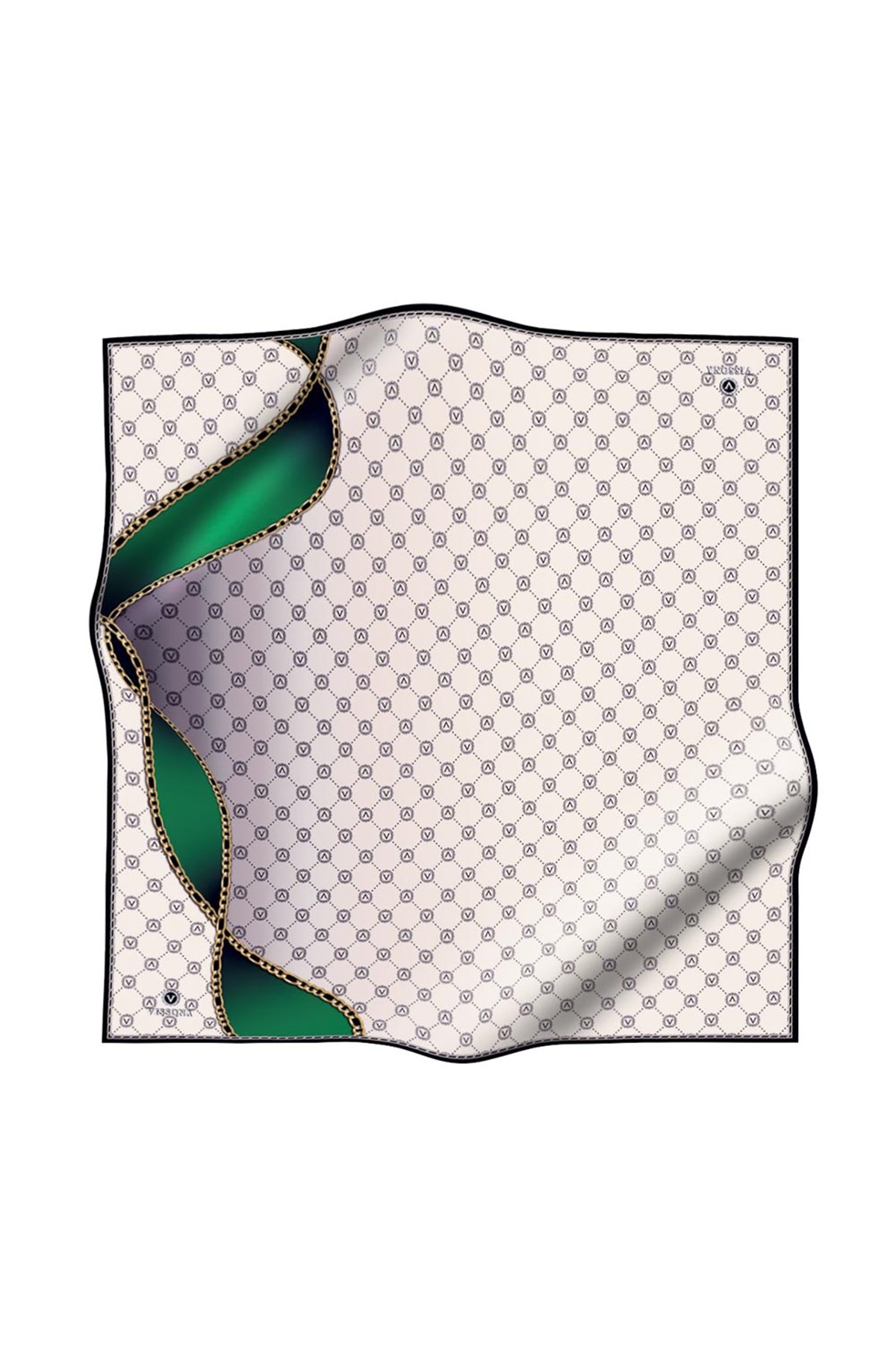 %100 Twill İpek Zincirli Ve Monogram Desenli Krem - Zümrüt Yeşili Renkli 90x90 Eşarp Dikim Şekli : El Dikişi