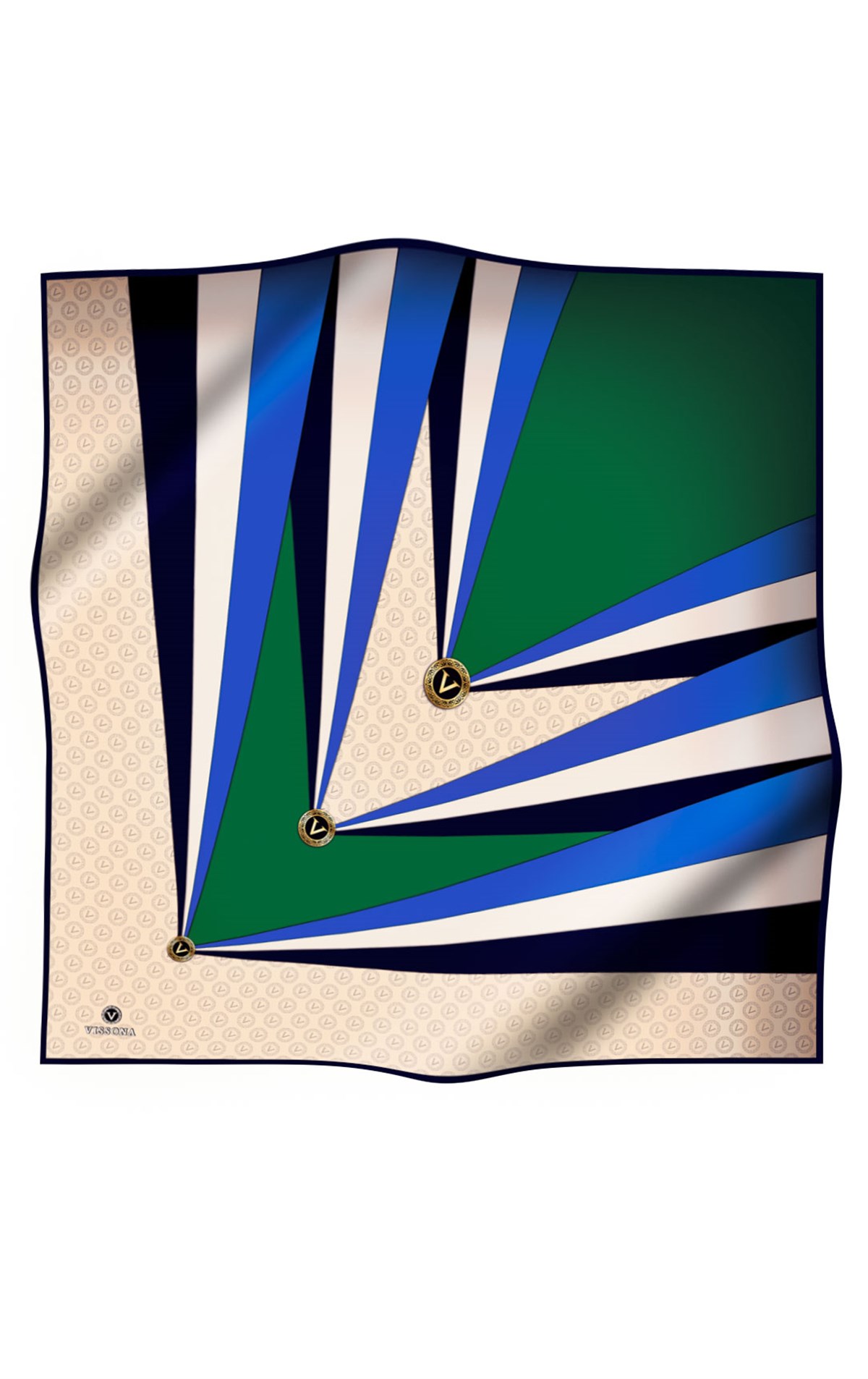 %100 Twill İpek Monogram Ve Geometrik Desenli Saks - Zümrüt Yeşili  Renkli 90x90 Eşarp Dikim Şekli : El Dikişi