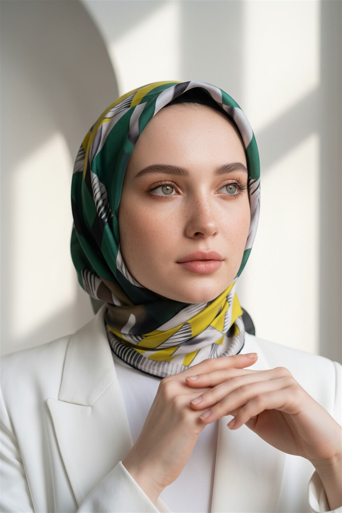 %100 Twill İpek Geometrik Desenli Sarı - Benetton Yeşili Renkli 90x90 Eşarp Dikim Şekli : El Dikişi