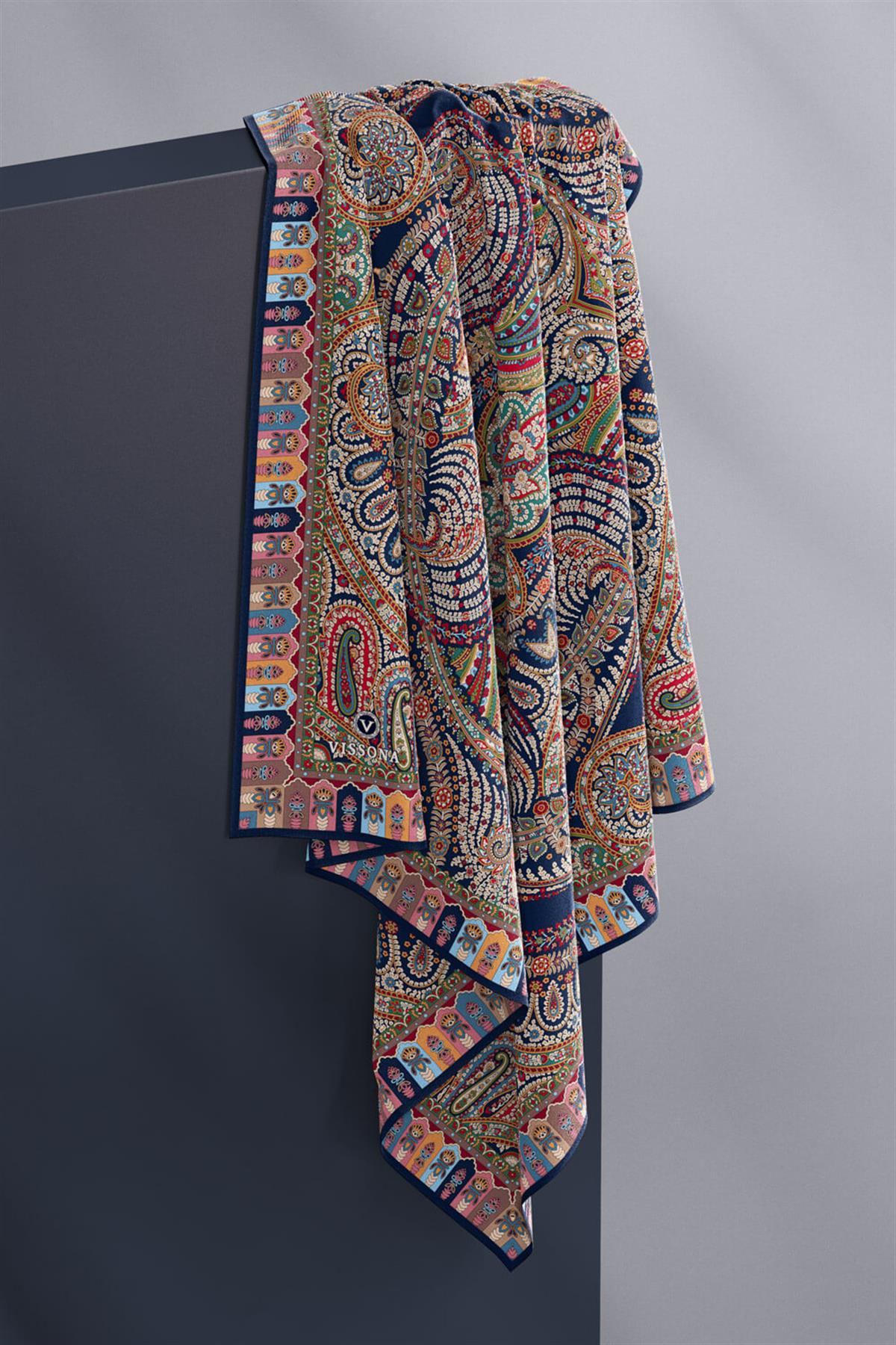 %100 Twill İpek Etro Desenli Lacivert Renkli 90x90 Eşarp Dikim Şekli : El Dikişi