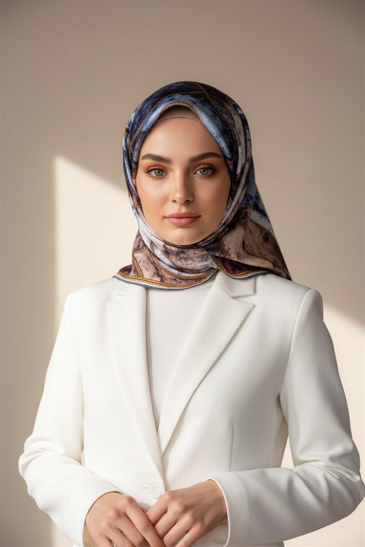 % 57 İPEK % 43 VİSKON Twill İpek Zincirli Mermer Desenli Bebe Mavisi - Pudra Renkli 90x90 Eşarp Dikim Şekli : El Dikişi