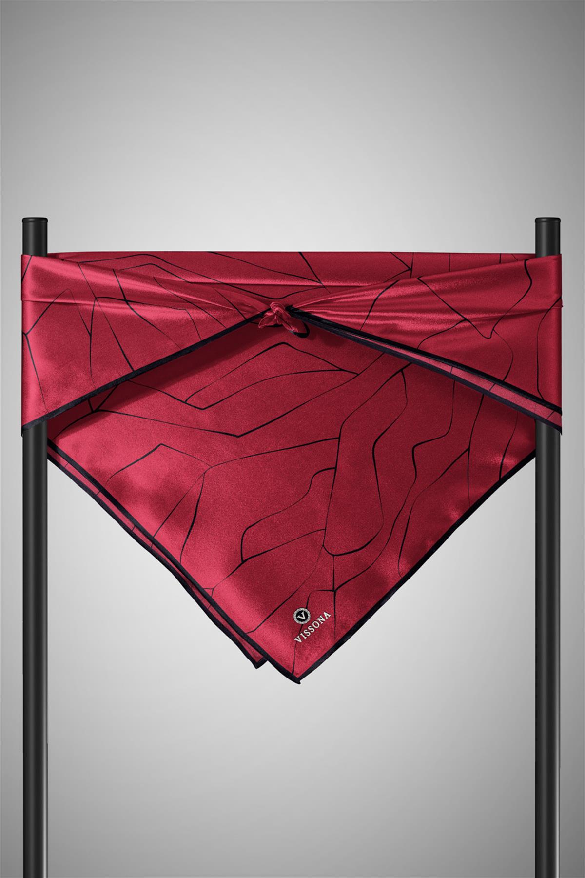 %100 Twill İpek Çizgi Desenli Bordo - Siyah Renkli 90x90 Eşarp Dikim Şekli : El Dikişi