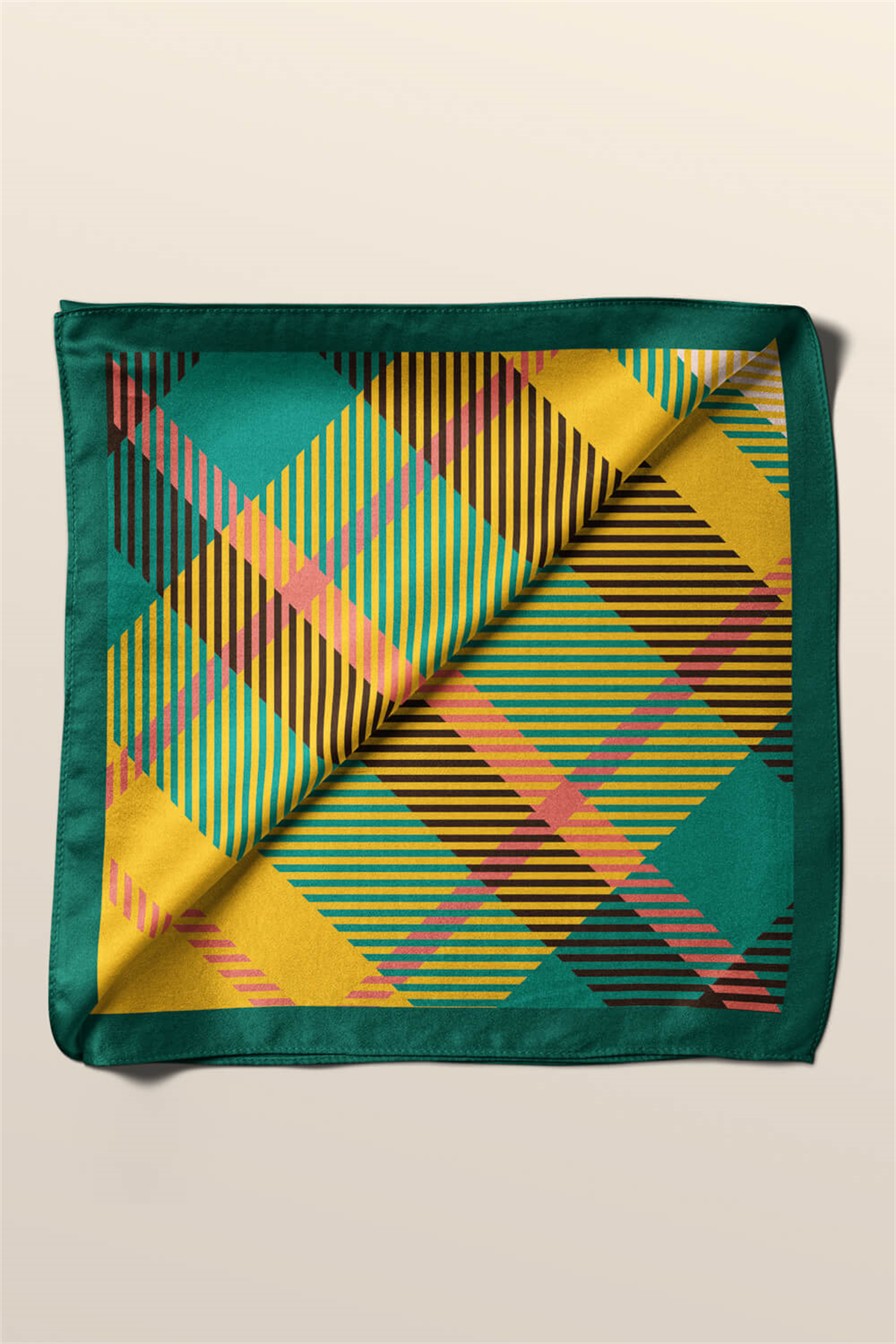 D80 Kadın Ekose Desenli Bandana 50x50 Yeşil Sarı DG0200-22