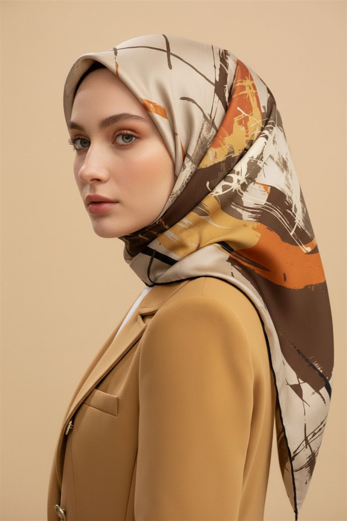 %100 Twill İpek Geometrik Desenli Bej - Taba Renkli 90x90 Eşarp Dikim Şekli : El Dikişi