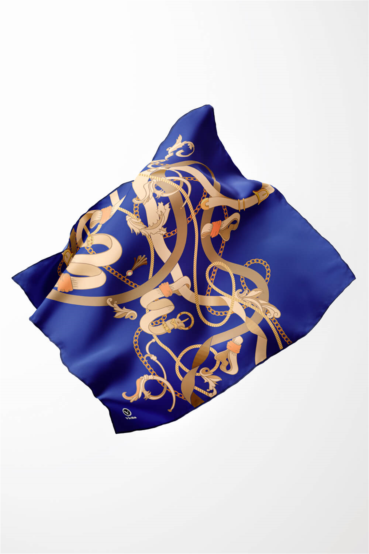 Twill Kemerli Ve Zincir Desenli Saks Renkli 90x90 Eşarp (İpek İçermez) Kenar Dikiş Şekli El Dikişli