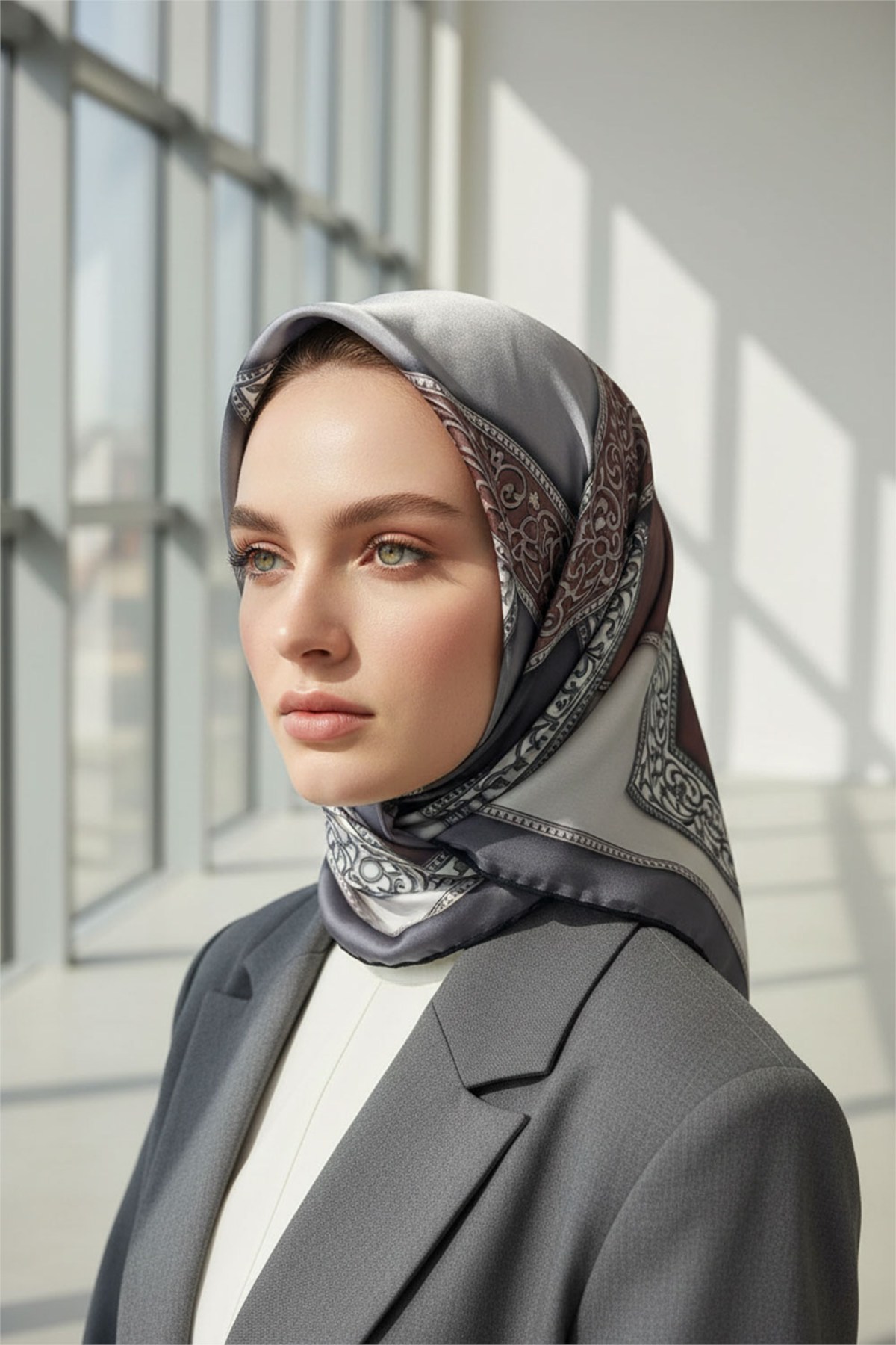 Kristal Geometrik Desenli Gri - Bej Renkli 90x90 Eşarp (İpek İçermez) Kenar Dikiş Şekli El Dikişli