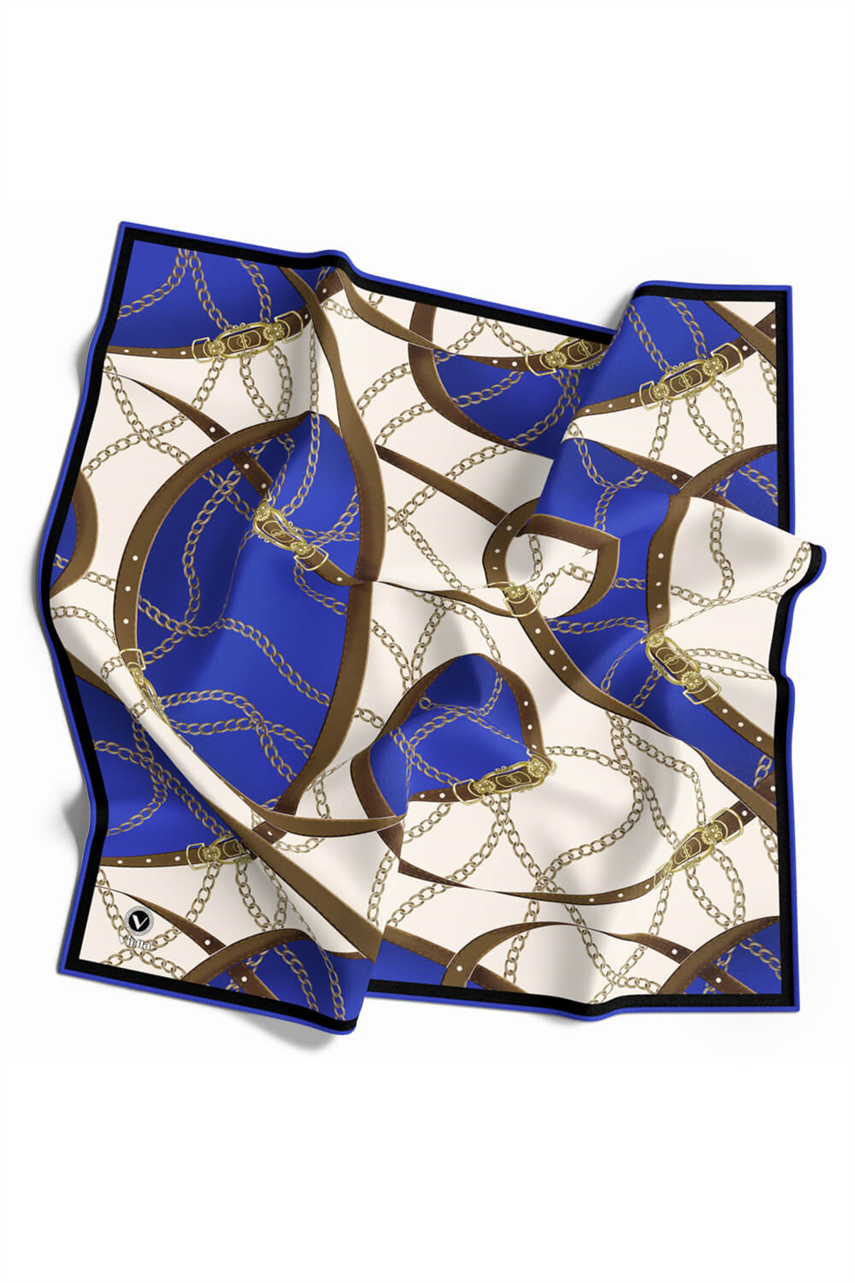 Twill Kemer ve Zincir Desenli Saks Renkli 90x90 Eşarp (İpek İçermez) Kenar Dikiş Şekli El Dikişli