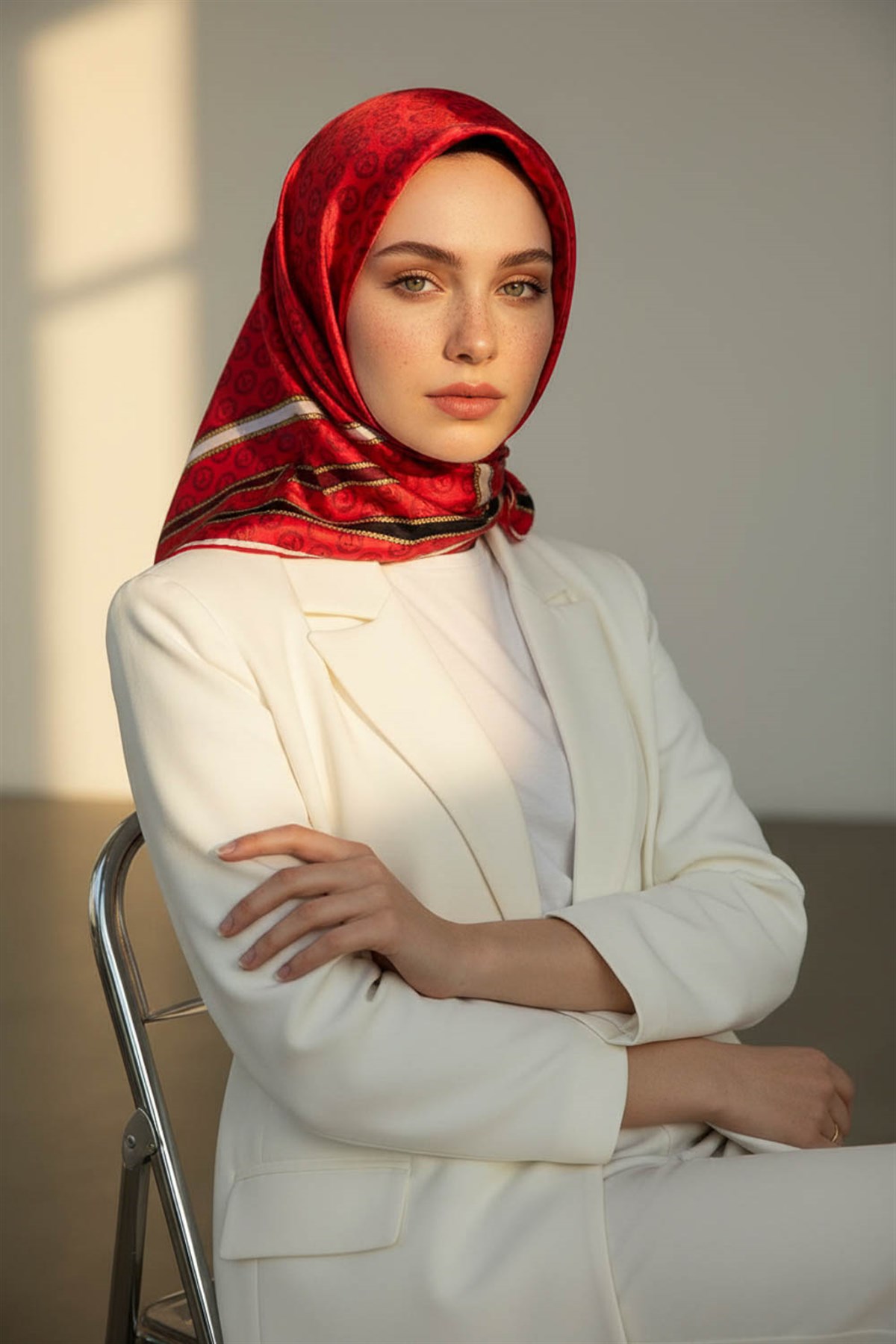 %100 Twill İpek Monogram Desenli Kırmızı - Siyah Renkli 90x90 Eşarp Dikim Şekli : El Dikişi