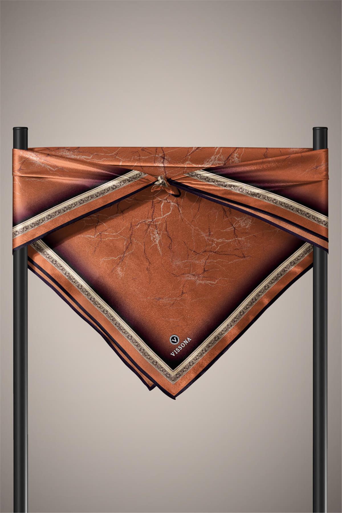 %100 Twill İpek Mermer Desenli Taba Renkli 90x90 Eşarp Dikim Şekli : El Dikişi