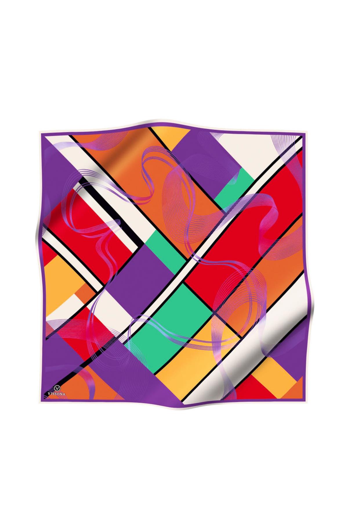 %100 Twill İpek Geometrik Desenli Mor - Kırmızı Renkli 90x90 Eşarp Dikim Şekli : El Dikişi