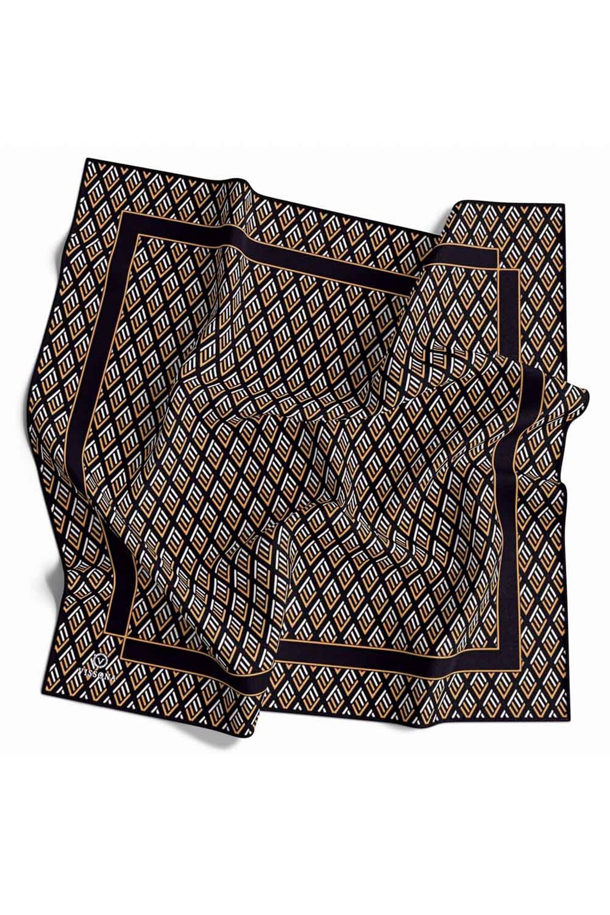 %100 Twill İpek Geometrik Desenli Siyah - Gold Renkli 90x90 Eşarp Dikim Şekli : El Dikişi