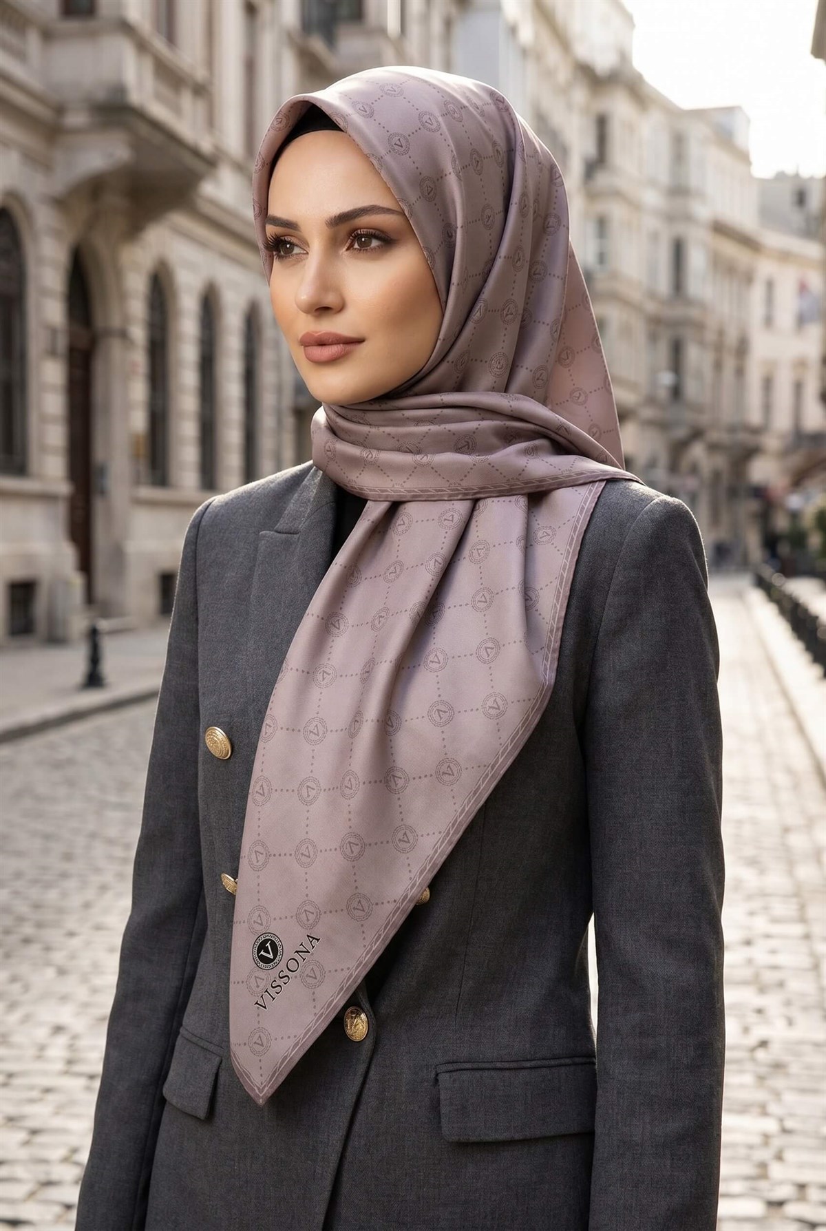 %100 Twill İpek Monogram Desenli Taş Renkli 90x90 Eşarp Dikim Şekli : El Dikişi