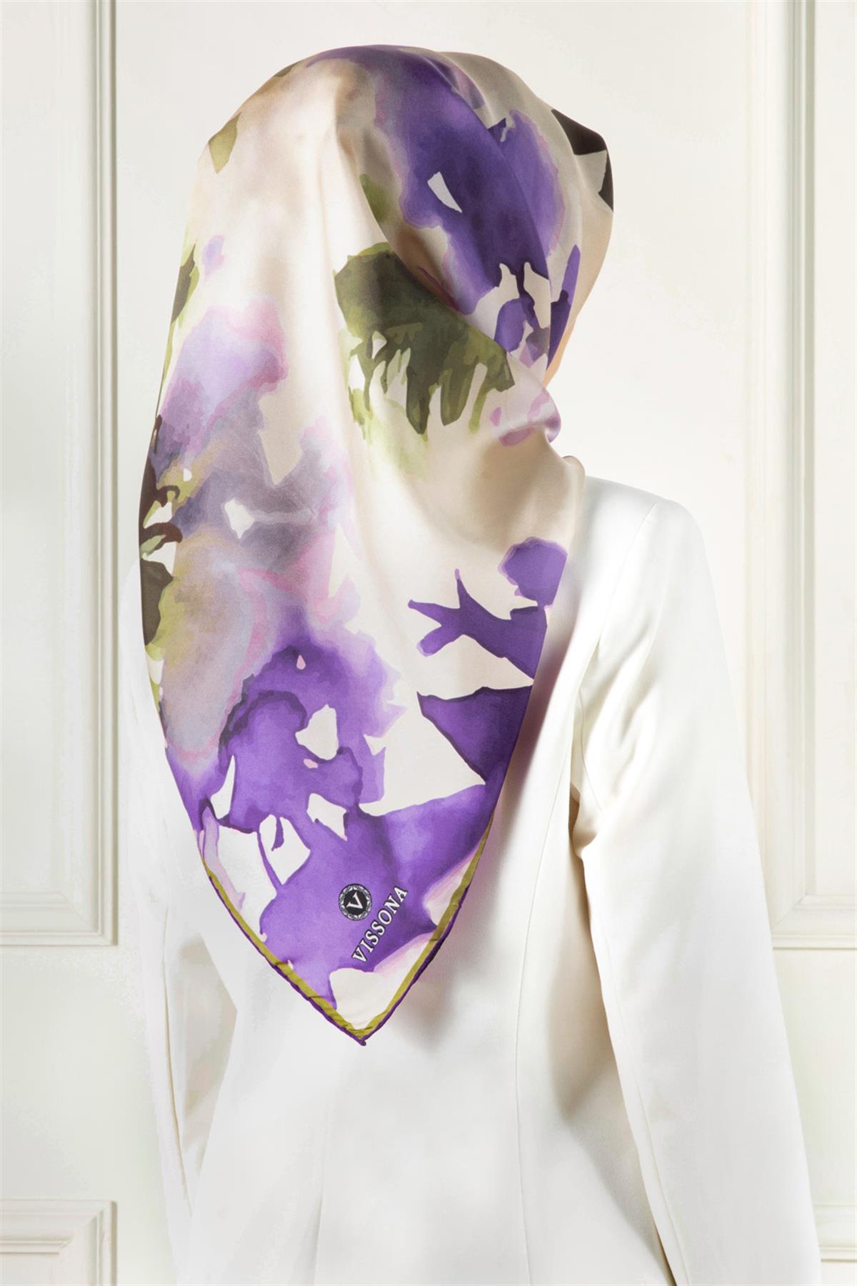 %100 Twill İpek Yaprak Desenli Haki Yeşili - Mor Renkli 90x90 Eşarp Dikim Şekli : El Dikişi