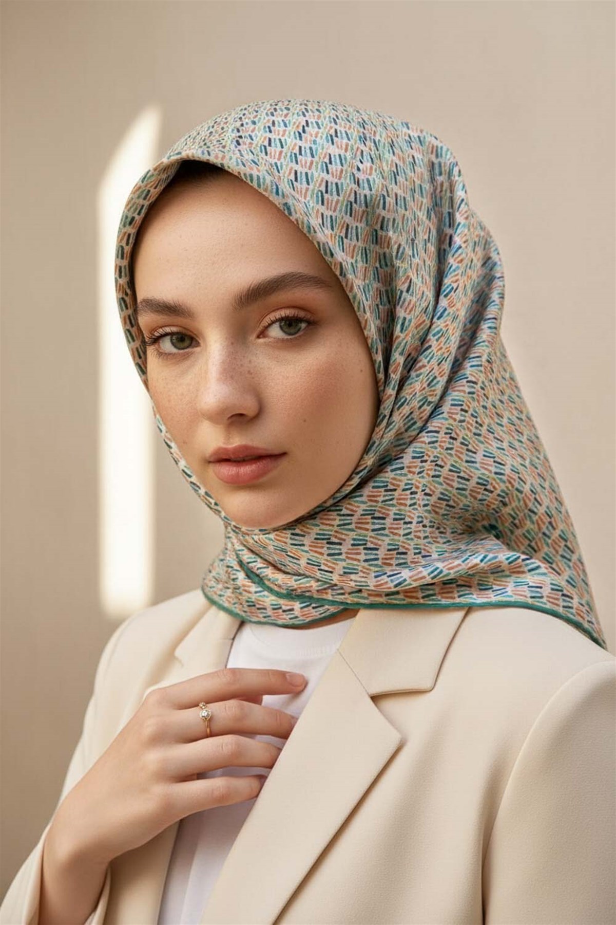 %100 Twill İpek Çizgi Desenli Mint Yeşili Renkli 90x90 Eşarp Dikim Şekli : El Dikişi