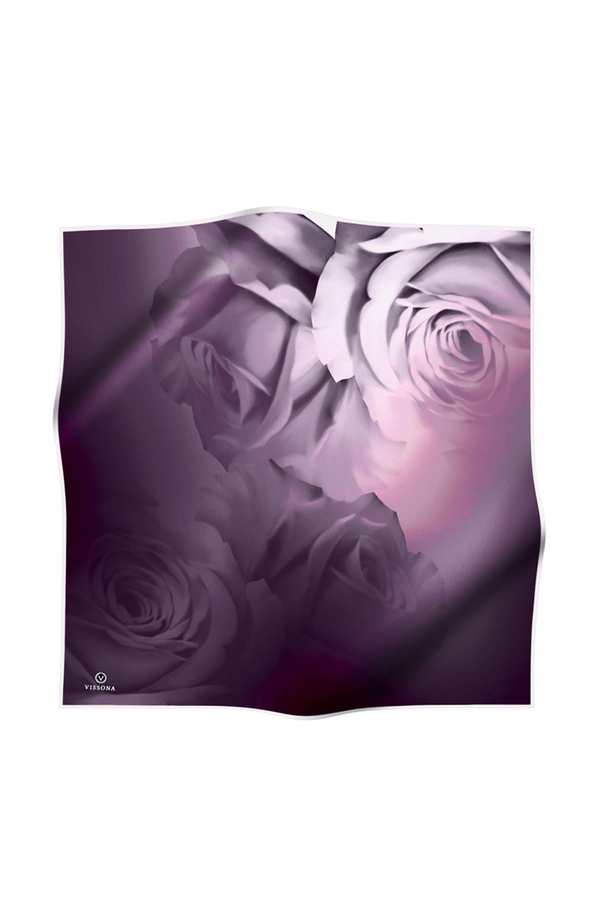 %100 Twill İpek Gül Desenli Gül Kurusu - Mürdüm Renkli 90x90 Eşarp Dikim Şekli : El Dikişi